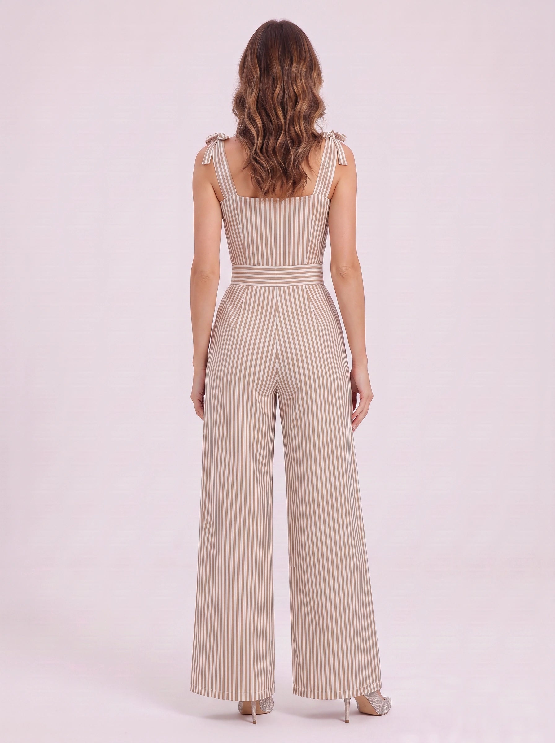 Rigatelle Tie-Shoulder Wide Leg Jumpsuit – Striped Palazzo Pants Women Casual Summer Beach Vacation Outfit