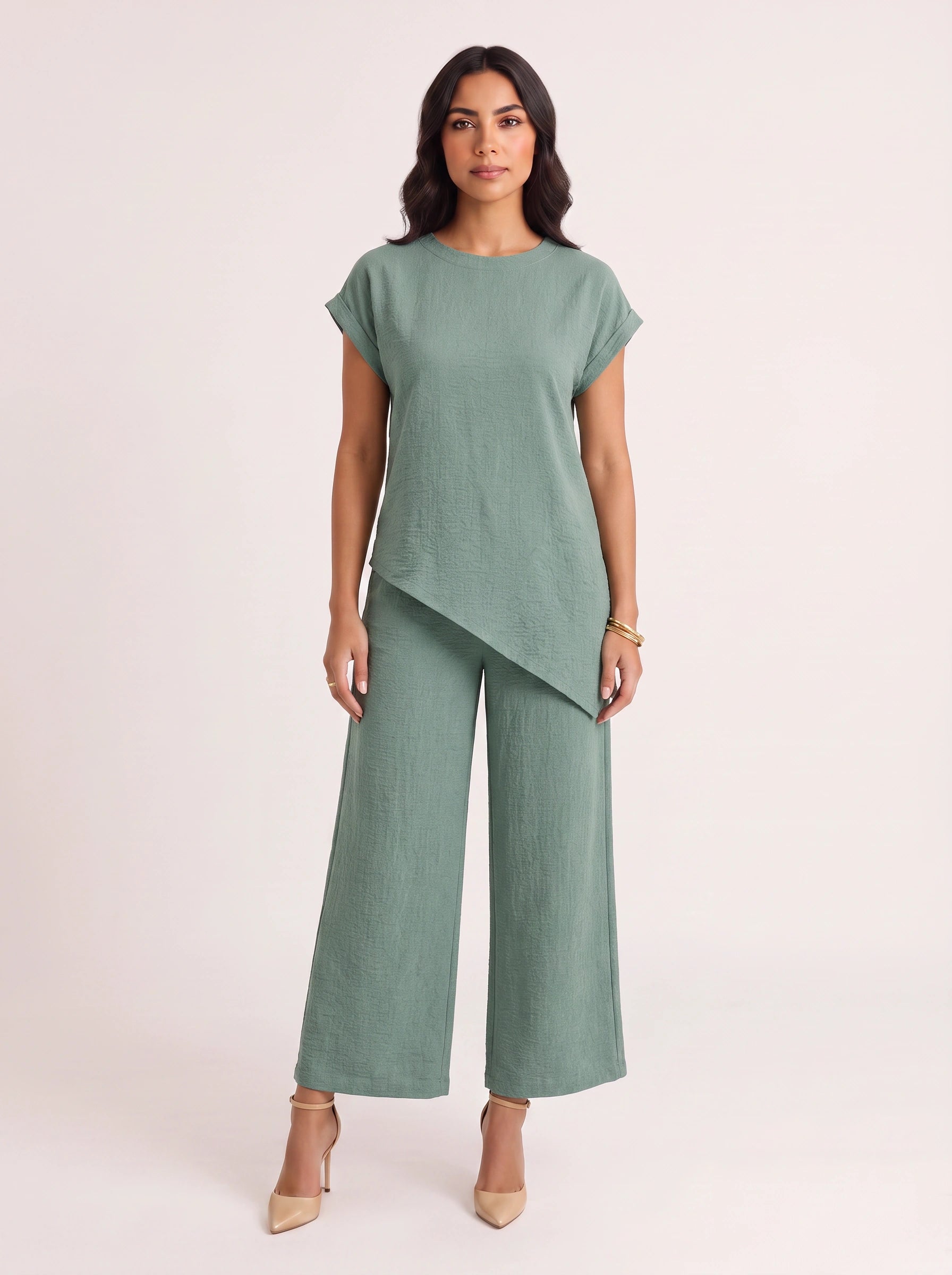 Terrima Asymmetric Tunic Wide-Leg Pants Set – Two Piece Sets Women Lounge Wear Summer Casual Linen Co-Ord Set