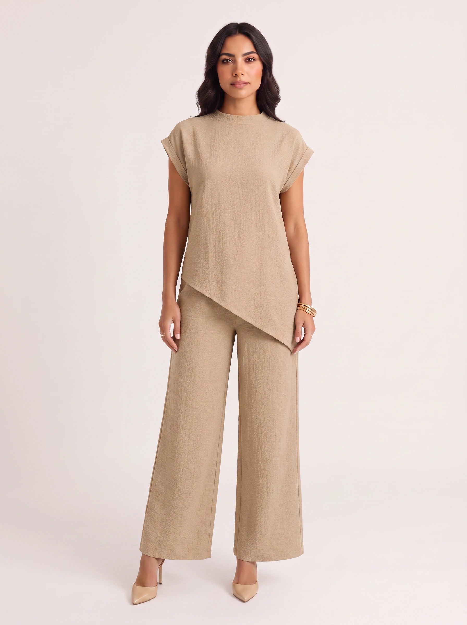 Terrima Asymmetric Tunic Wide-Leg Pants Set – Two Piece Sets Women Lounge Wear Summer Casual Linen Co-Ord Set