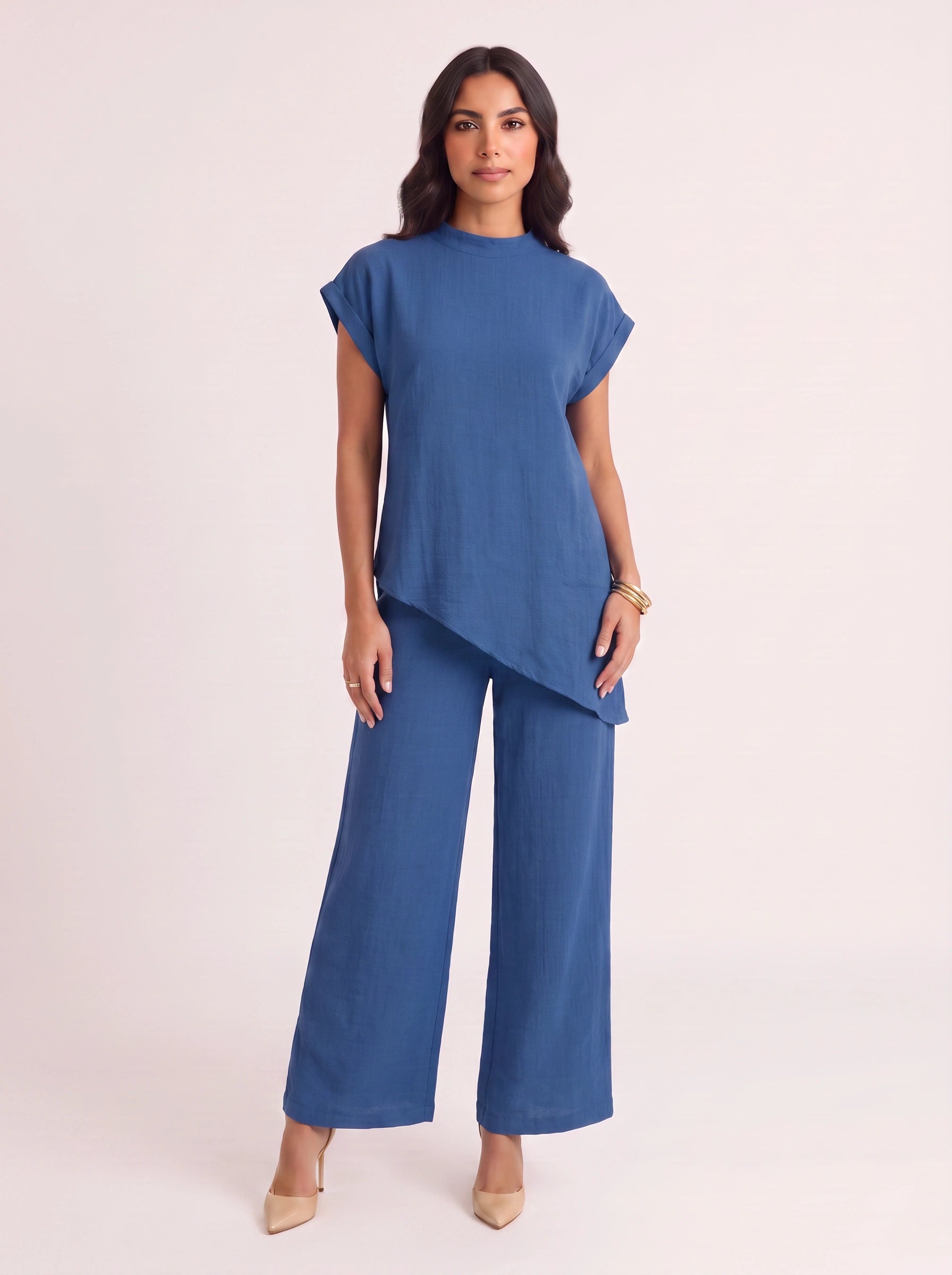 Terrima Asymmetric Tunic Wide-Leg Pants Set – Two Piece Sets Women Lounge Wear Summer Casual Linen Co-Ord Set
