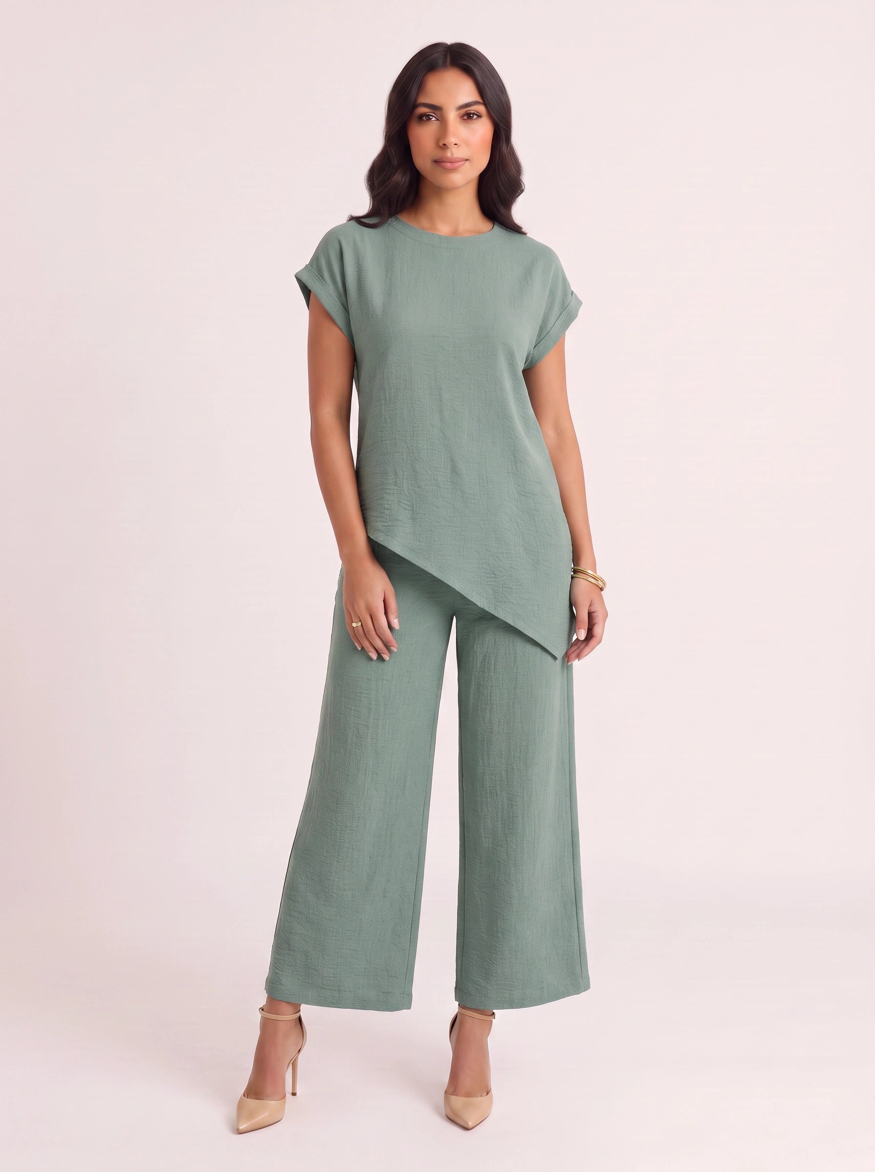 Terrima Asymmetric Tunic Wide-Leg Pants Set – Two Piece Sets Women Lounge Wear Summer Casual Linen Co-Ord Set