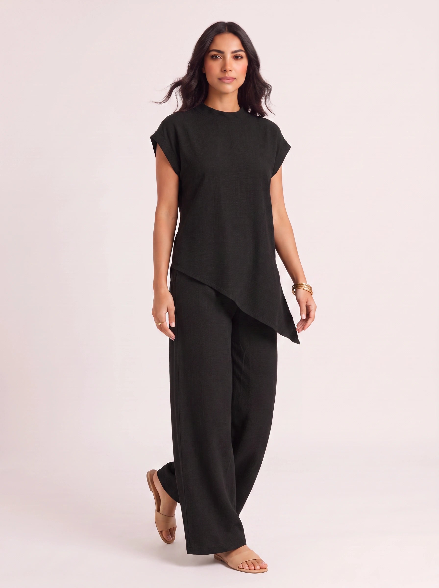 Terrima Asymmetric Tunic Wide-Leg Pants Set – Two Piece Sets Women Lounge Wear Summer Casual Linen Co-Ord Set