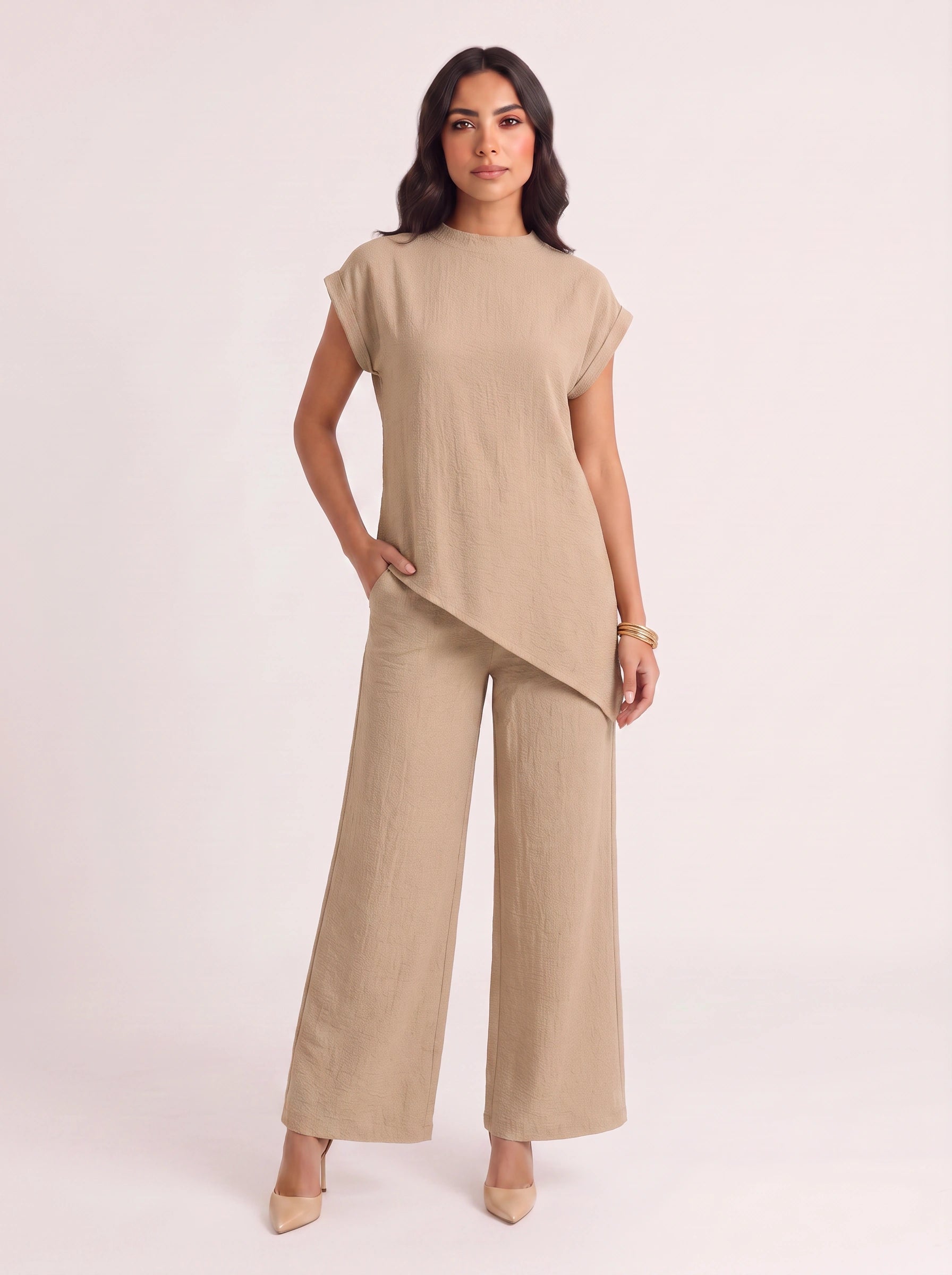 Terrima Asymmetric Tunic Wide-Leg Pants Set – Two Piece Sets Women Lounge Wear Summer Casual Linen Co-Ord Set