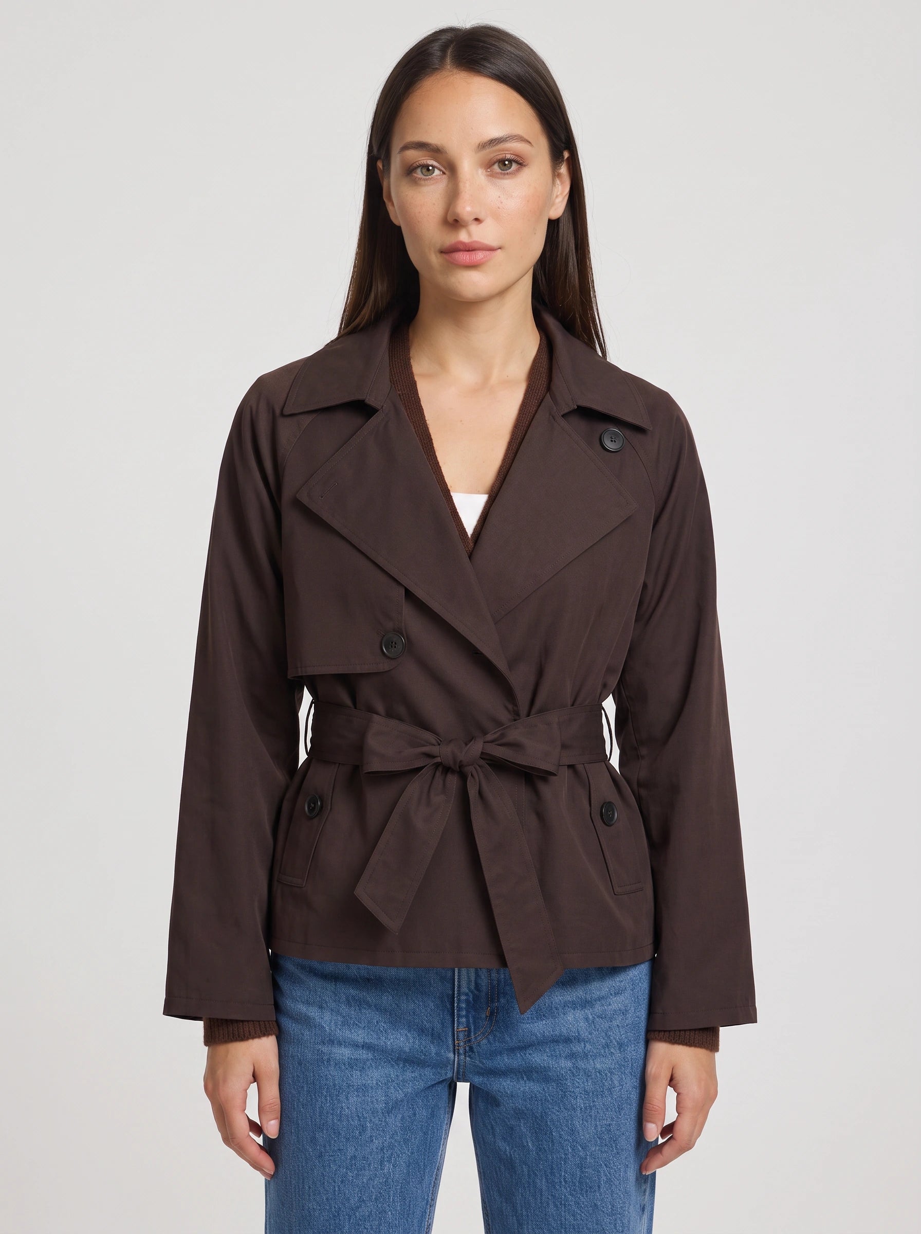Cintara Cropped Belted Trench Jacket – Women Double Breasted Tie Waist Coat Smart Casual Work Outerwear