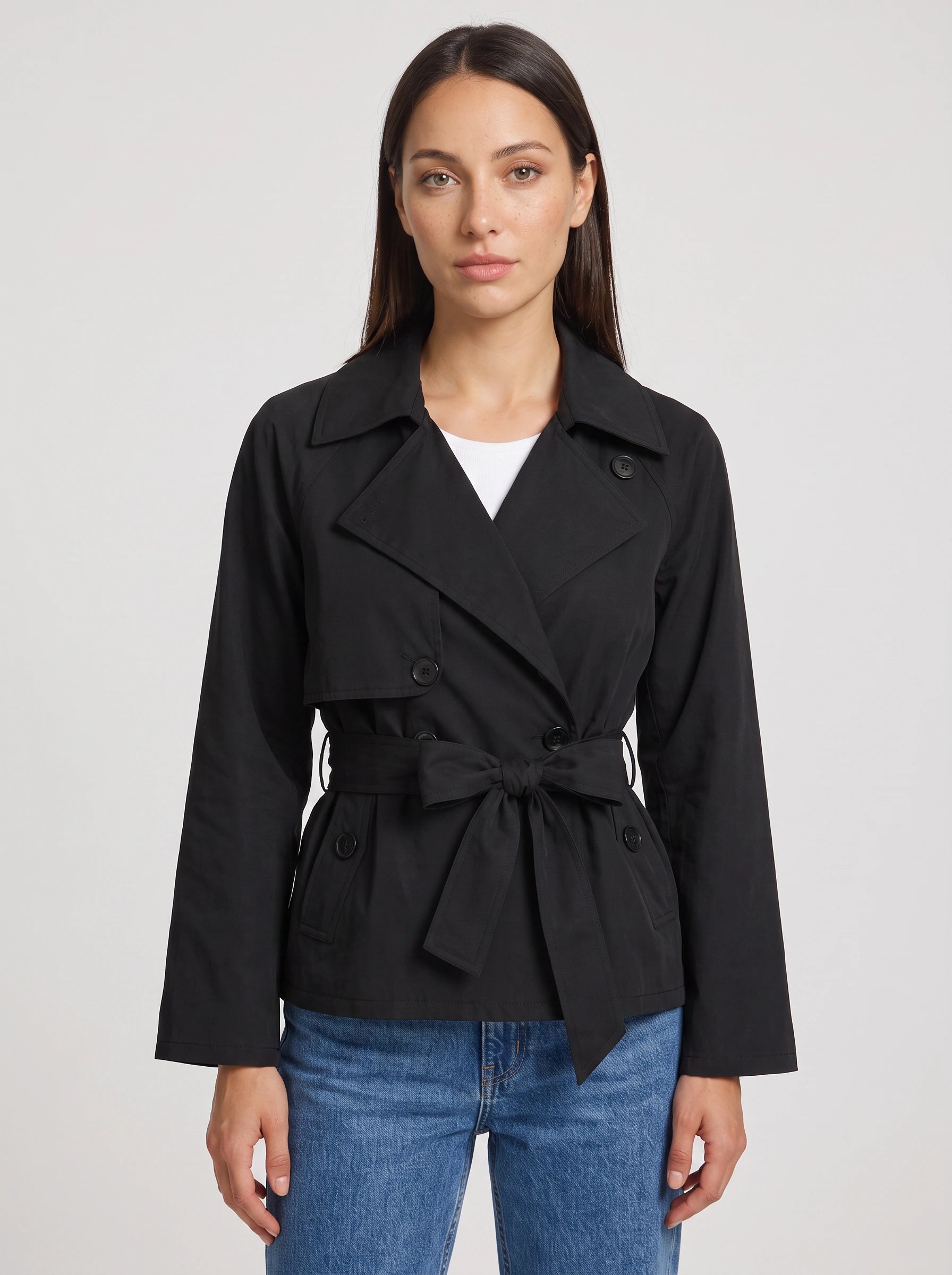 Cintara Cropped Belted Trench Jacket – Women Double Breasted Tie Waist Coat Smart Casual Work Outerwear