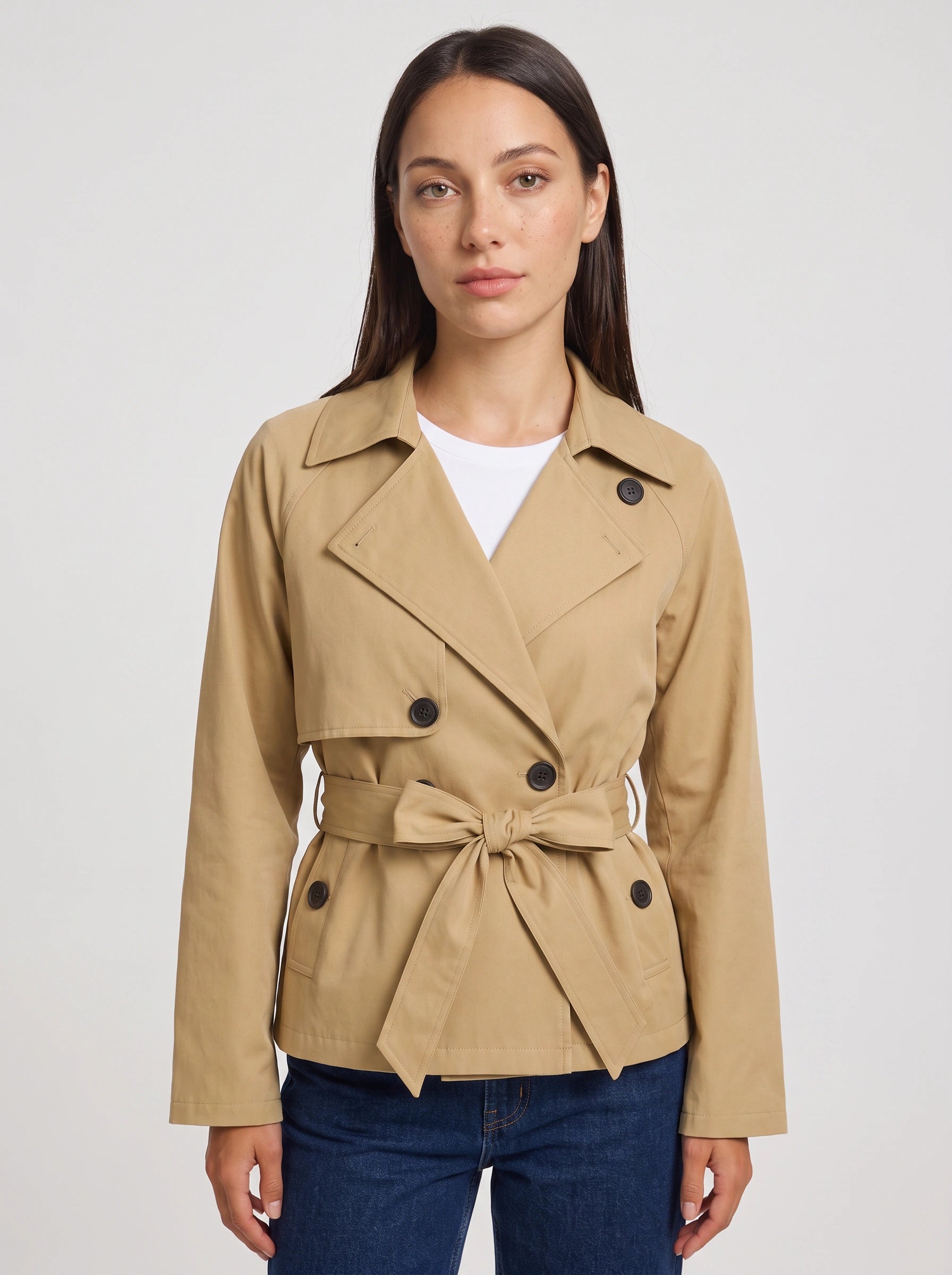 Cintara Cropped Belted Trench Jacket – Women Double Breasted Tie Waist Coat Smart Casual Work Outerwear