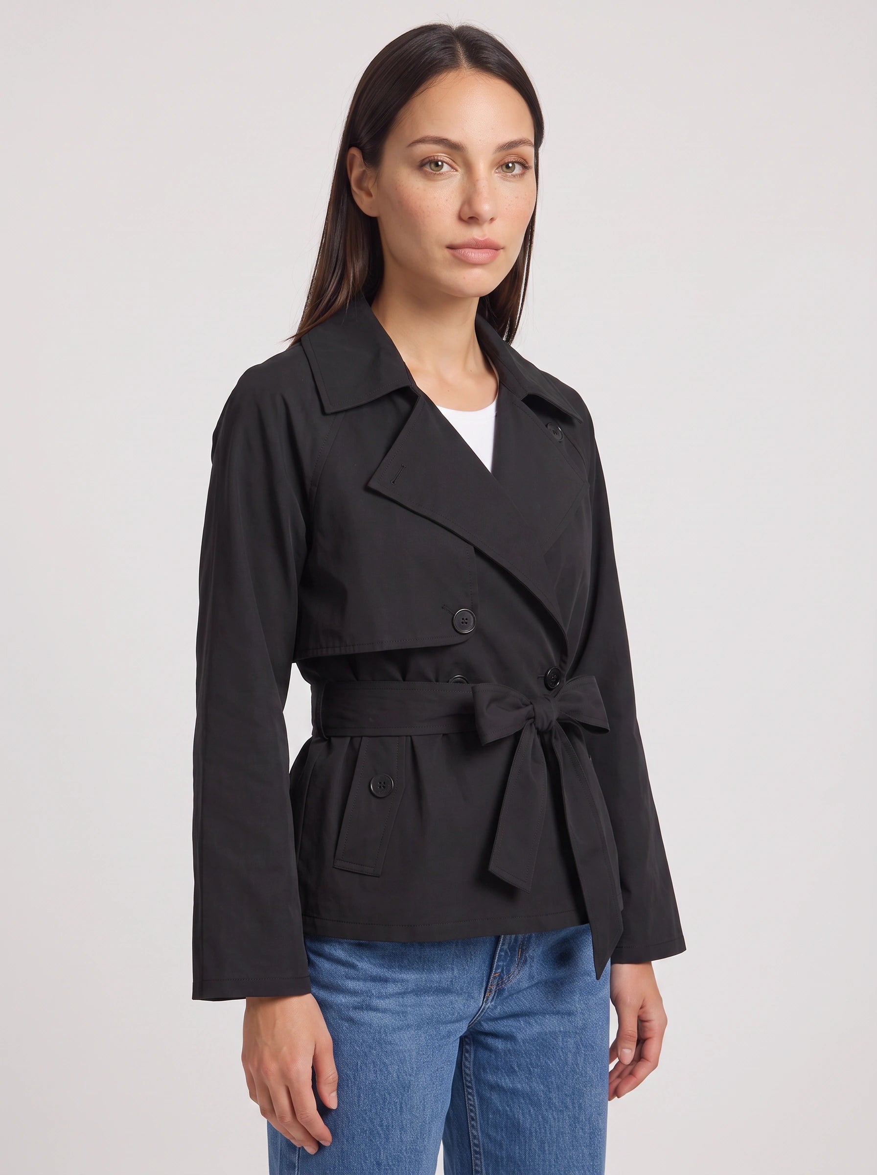 Cintara Cropped Belted Trench Jacket – Women Double Breasted Tie Waist Coat Smart Casual Work Outerwear