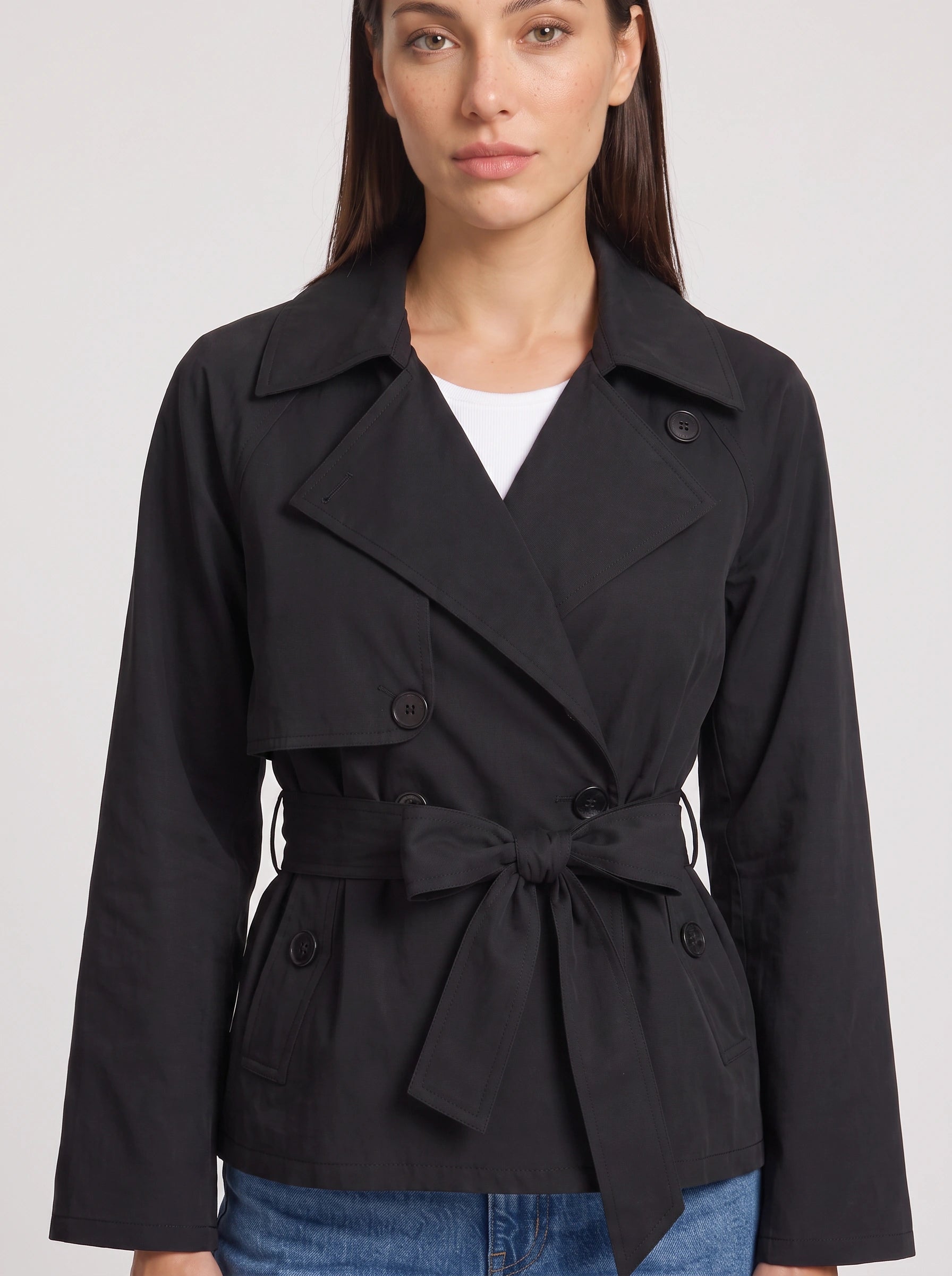 Cintara Cropped Belted Trench Jacket – Women Double Breasted Tie Waist Coat Smart Casual Work Outerwear