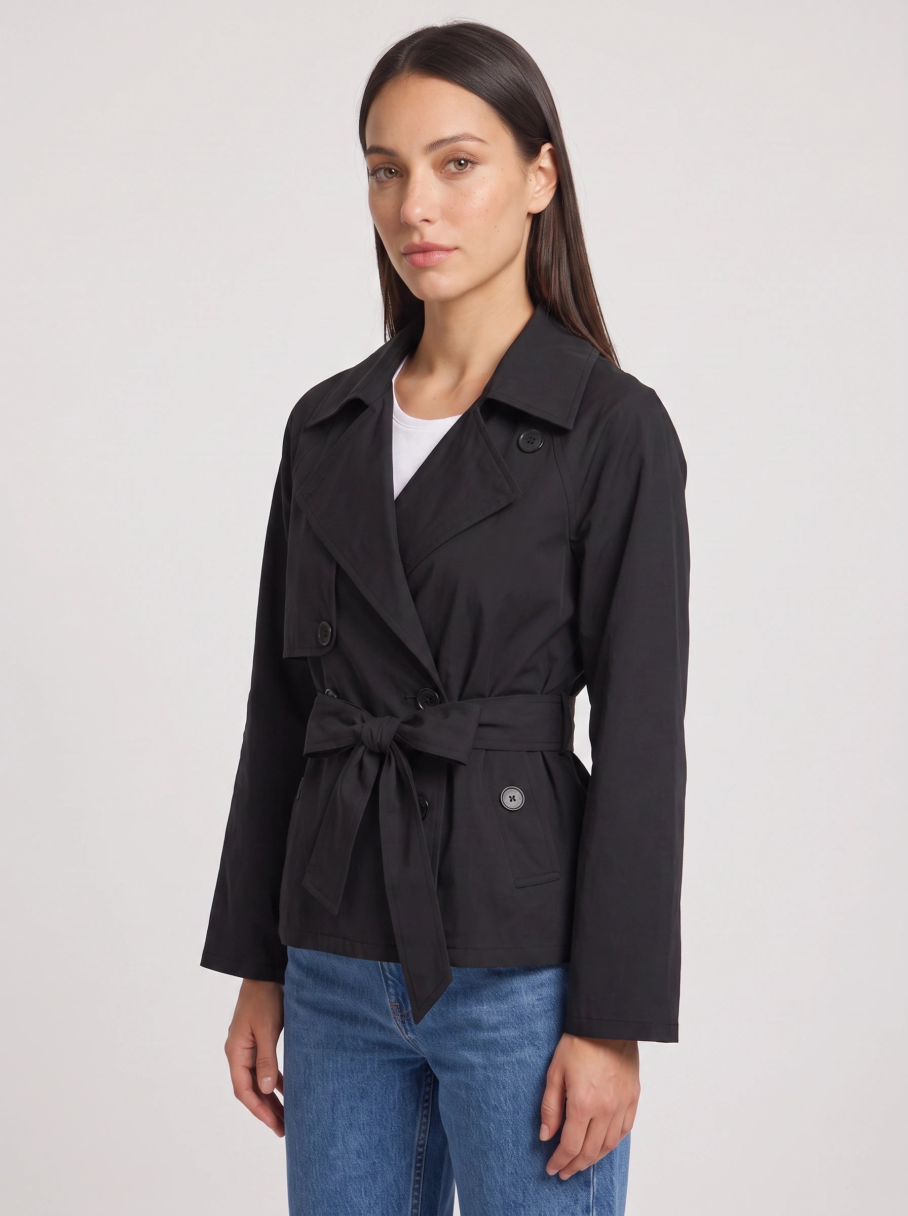 Cintara Cropped Belted Trench Jacket – Women Double Breasted Tie Waist Coat Smart Casual Work Outerwear
