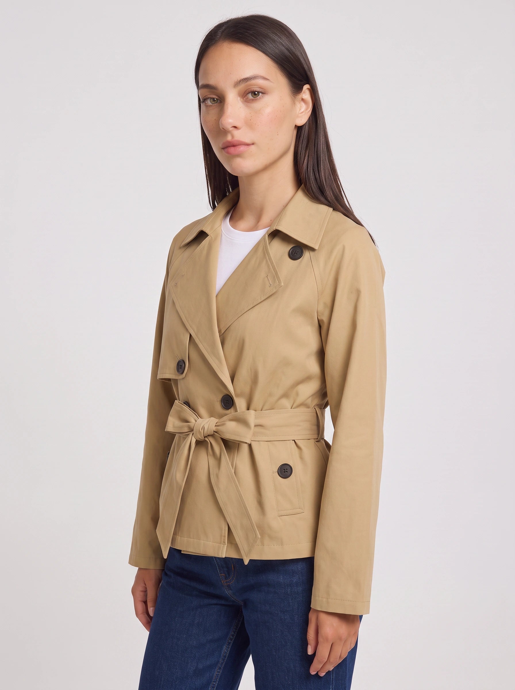 Cintara Cropped Belted Trench Jacket – Women Double Breasted Tie Waist Coat Smart Casual Work Outerwear