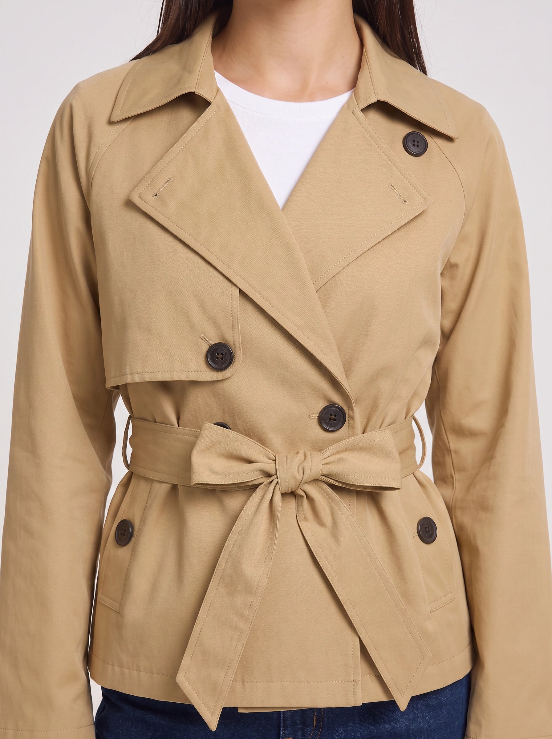 Cintara Cropped Belted Trench Jacket – Women Double Breasted Tie Waist Coat Smart Casual Work Outerwear