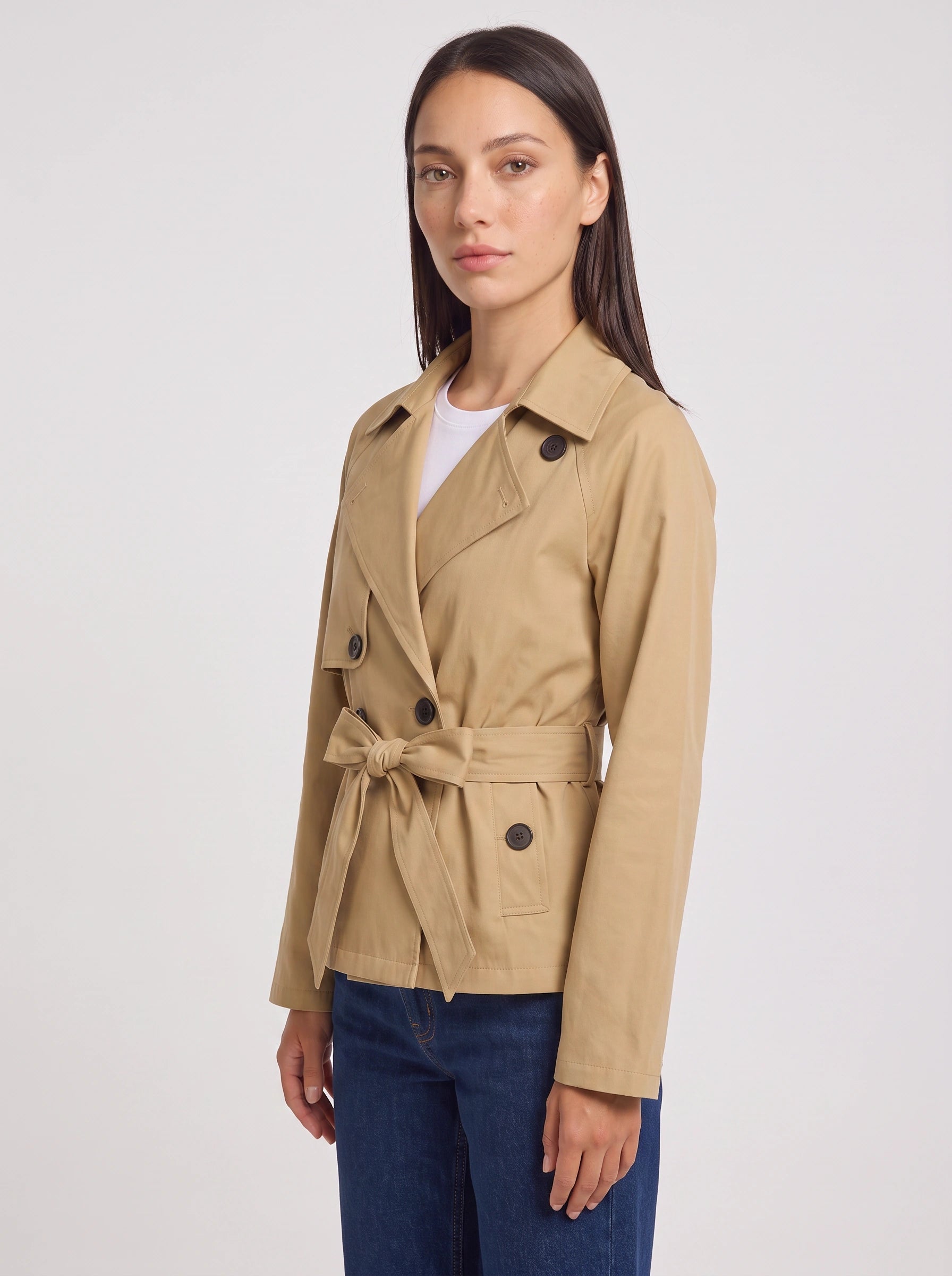 Cintara Cropped Belted Trench Jacket – Women Double Breasted Tie Waist Coat Smart Casual Work Outerwear