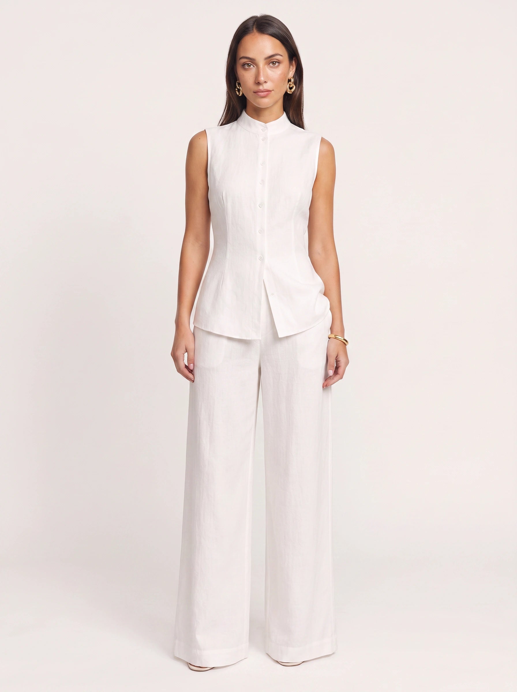Linetto Sleeveless Button Top Wide-Leg Trouser Set – Two Piece Sets Women Business Casual Trendy Outfits Summer