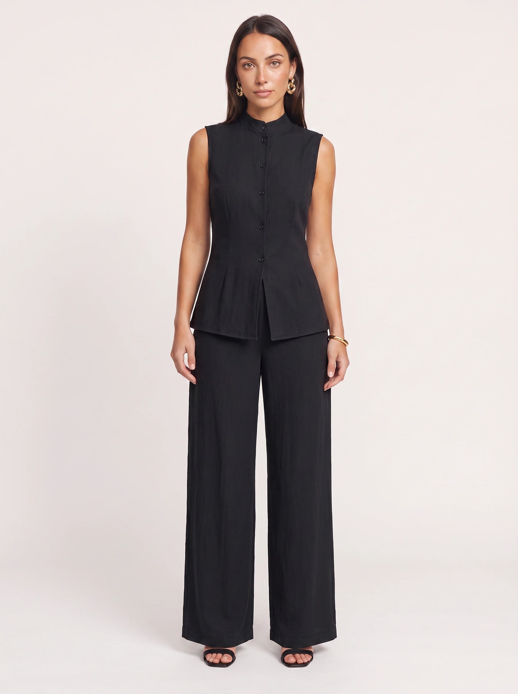 Linetto Sleeveless Button Top Wide-Leg Trouser Set – Two Piece Sets Women Business Casual Trendy Outfits Summer