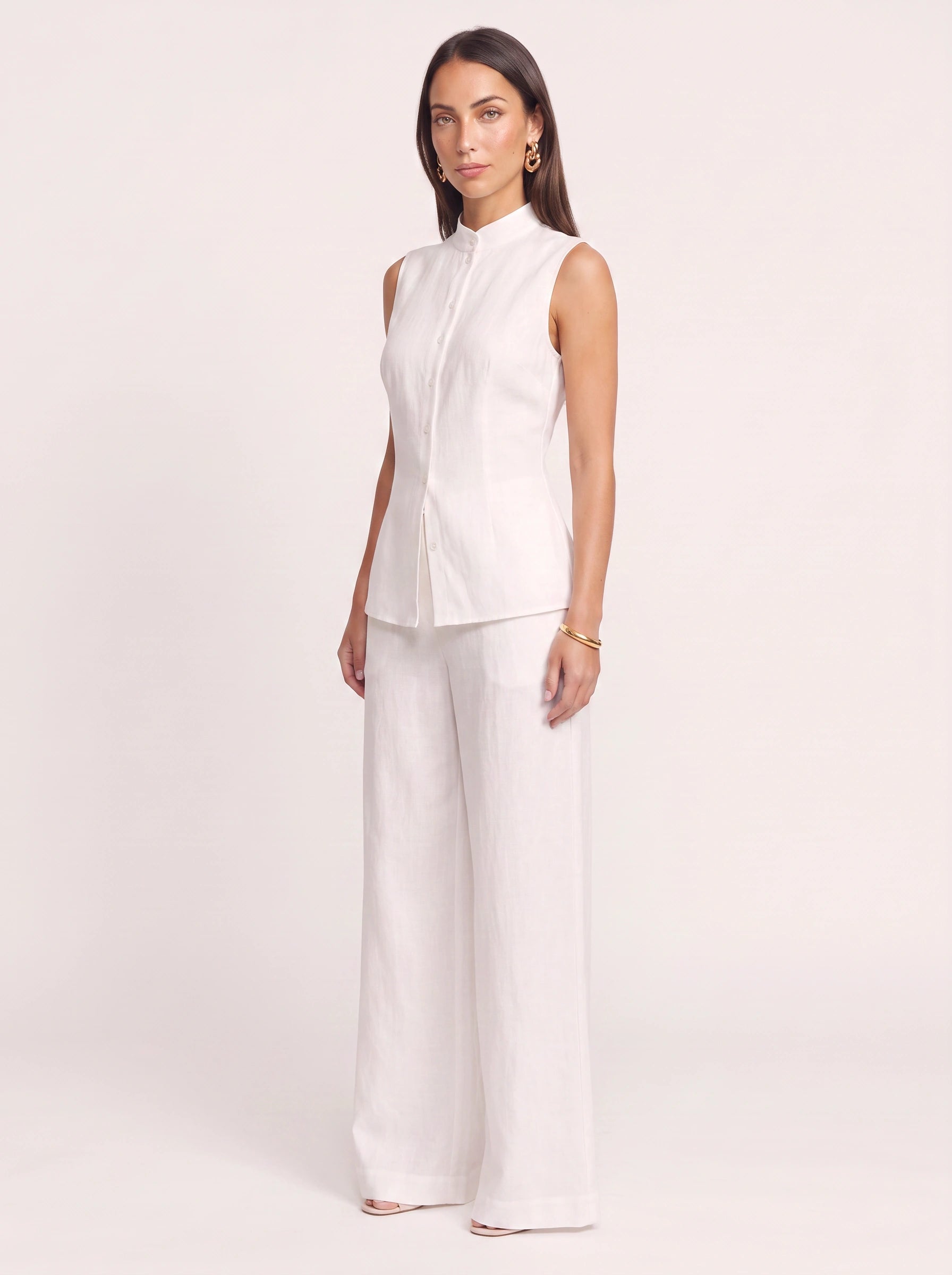 Linetto Sleeveless Button Top Wide-Leg Trouser Set – Two Piece Sets Women Business Casual Trendy Outfits Summer