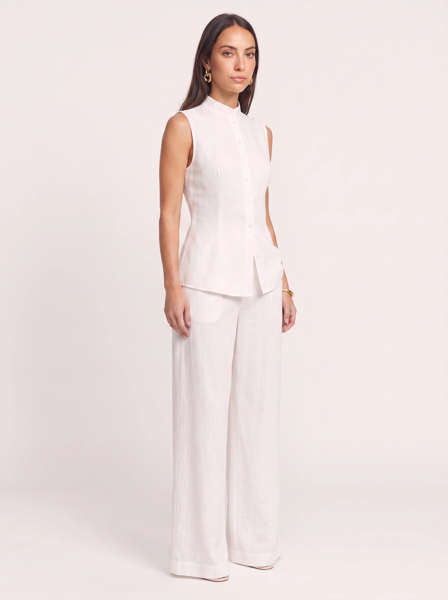Linetto Sleeveless Button Top Wide-Leg Trouser Set – Two Piece Sets Women Business Casual Trendy Outfits Summer