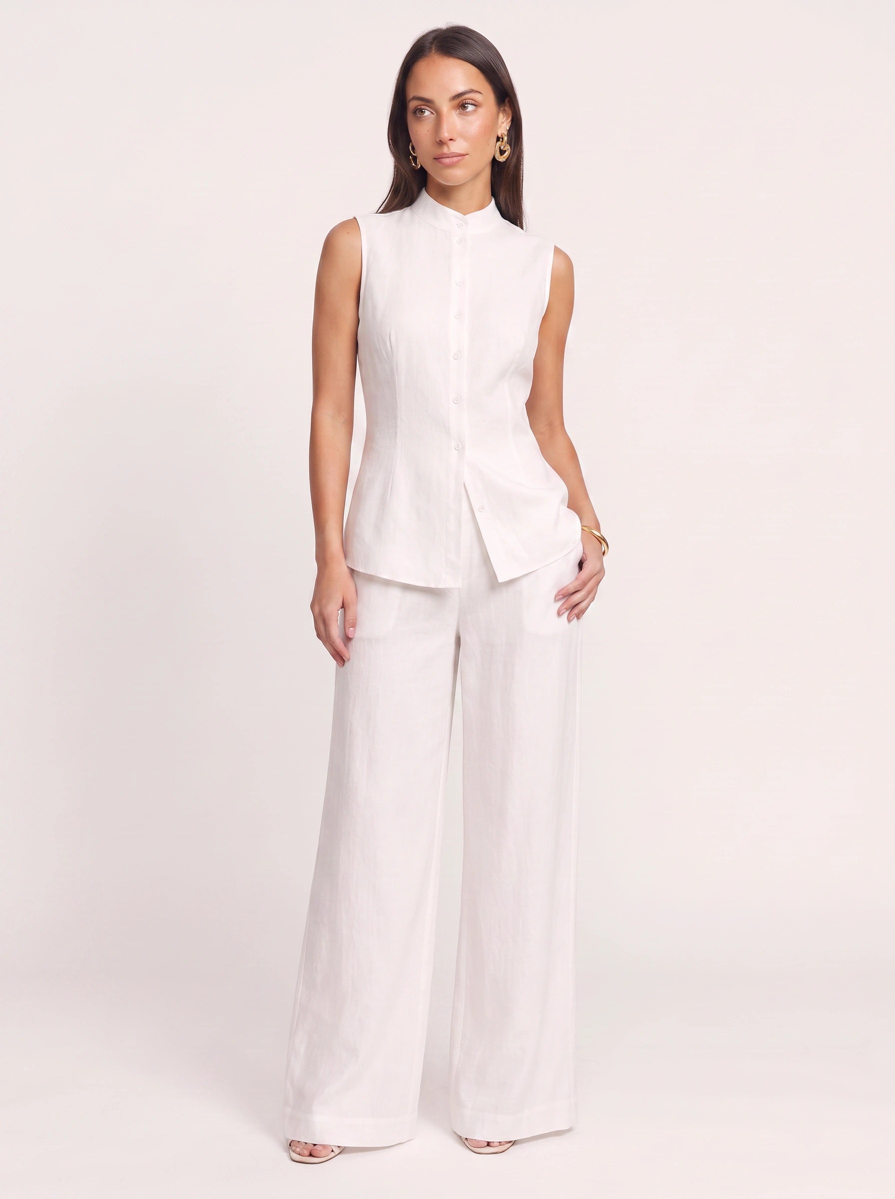 Linetto Sleeveless Button Top Wide-Leg Trouser Set – Two Piece Sets Women Business Casual Trendy Outfits Summer