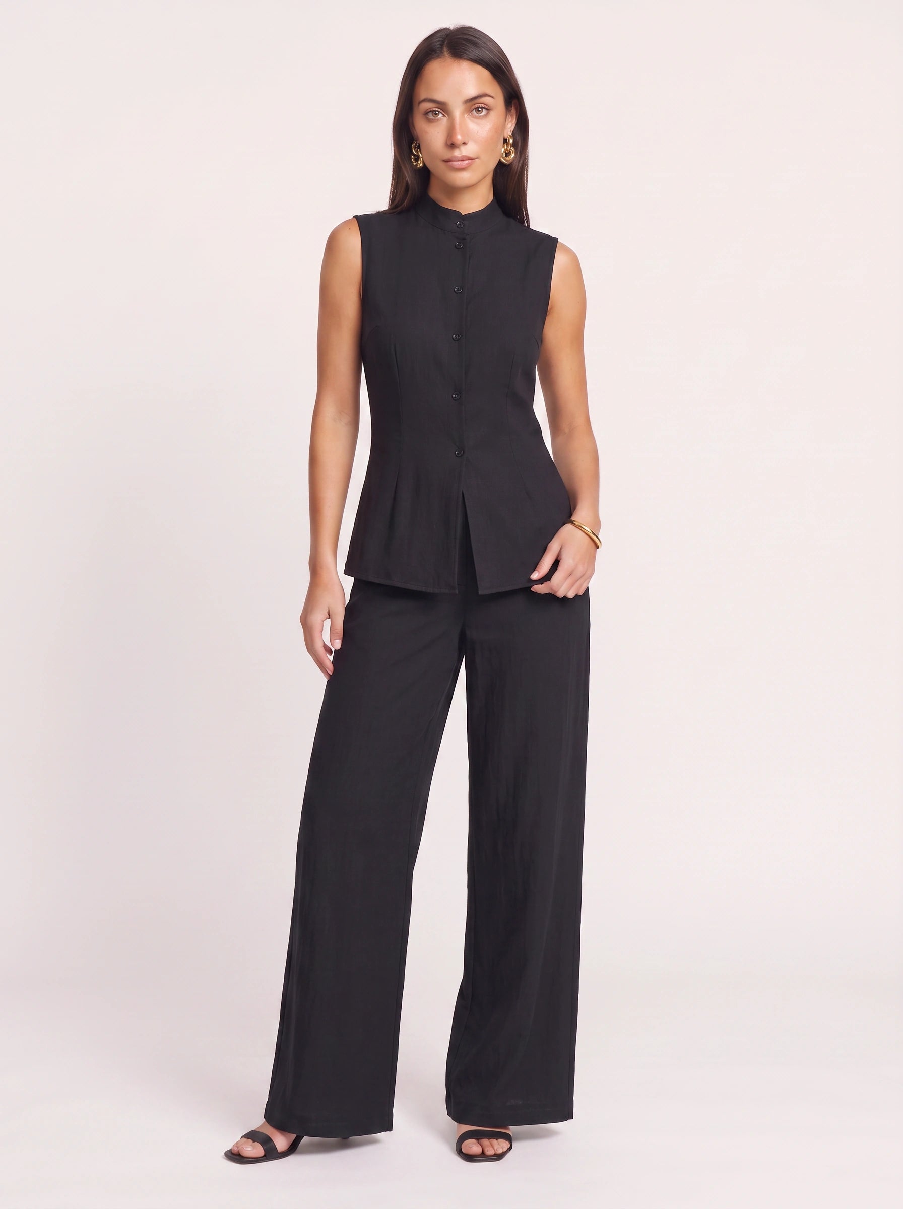 Linetto Sleeveless Button Top Wide-Leg Trouser Set – Two Piece Sets Women Business Casual Trendy Outfits Summer