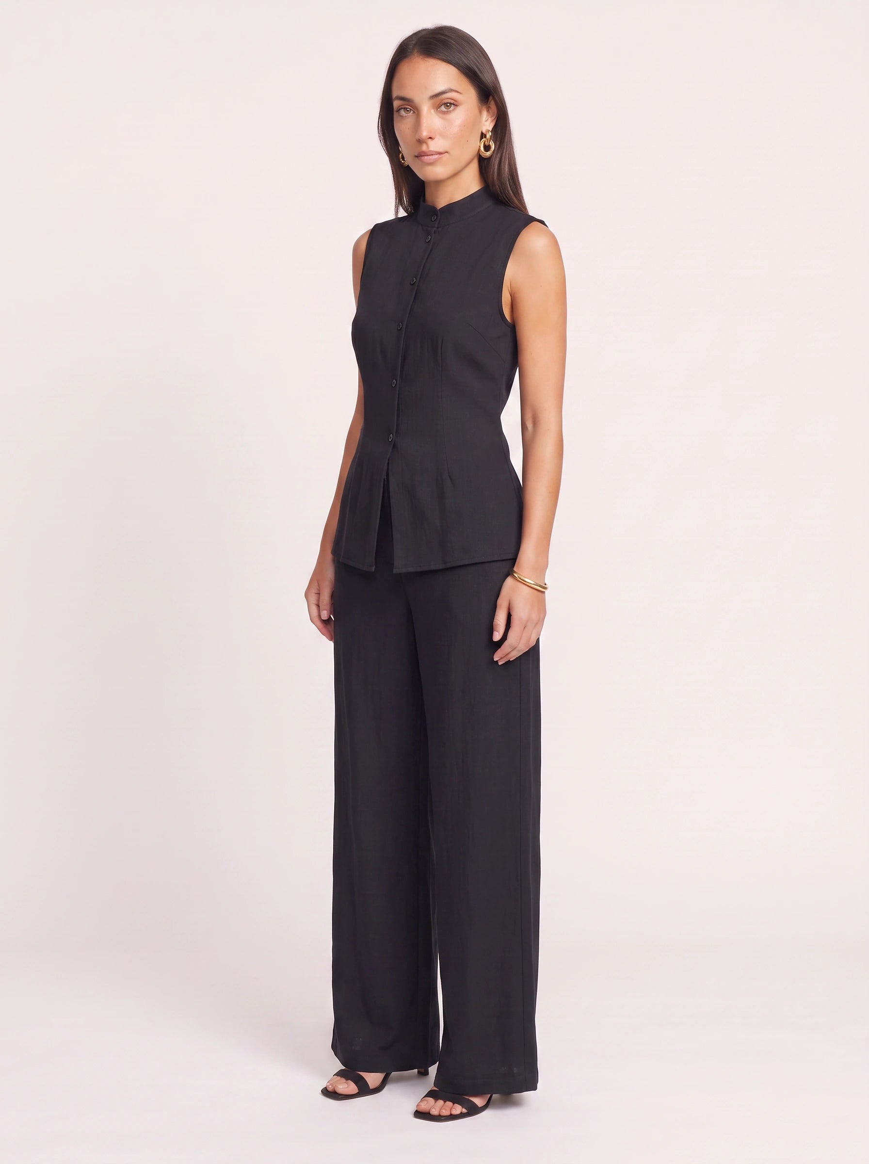 Linetto Sleeveless Button Top Wide-Leg Trouser Set – Two Piece Sets Women Business Casual Trendy Outfits Summer