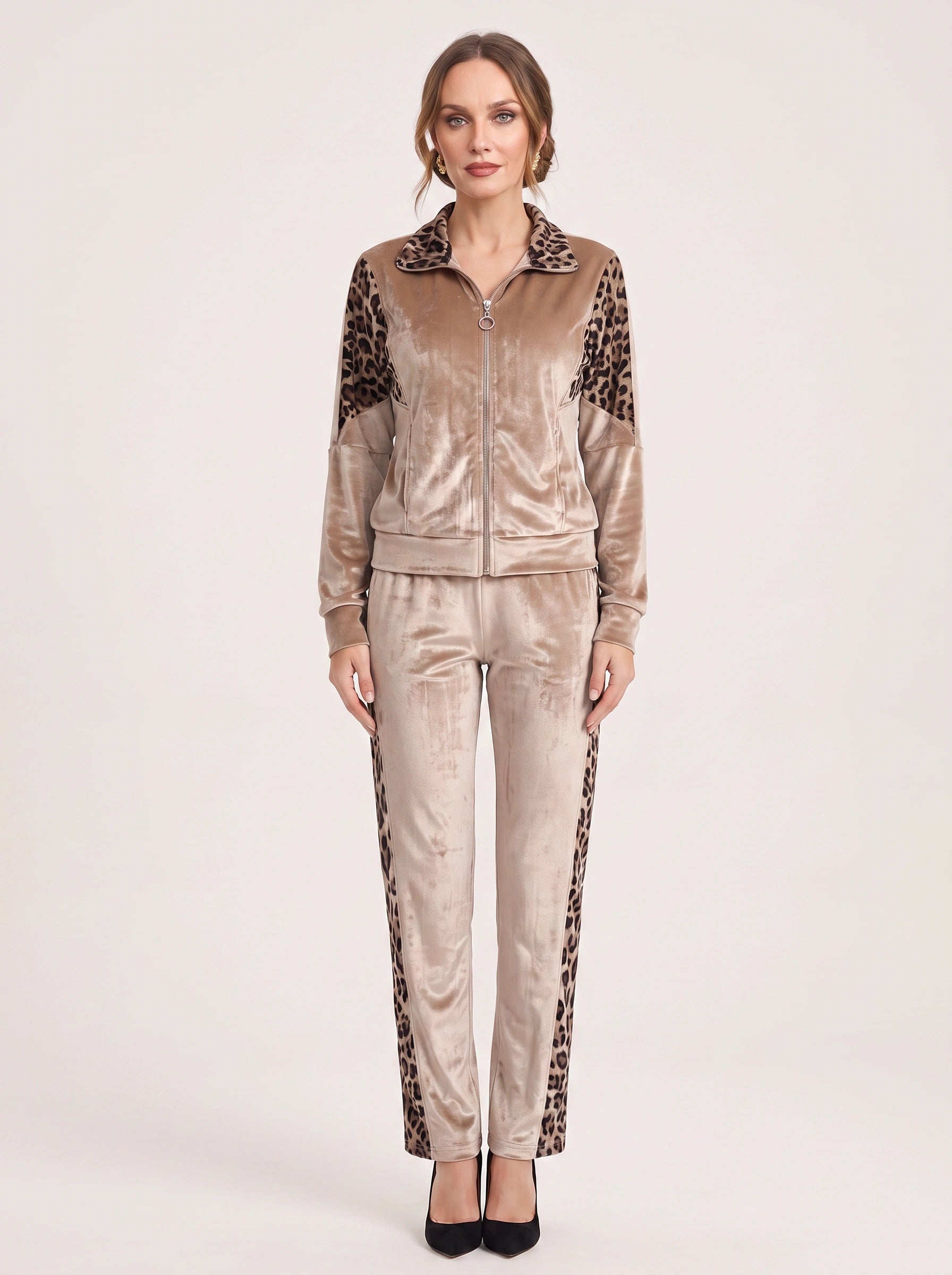 Velouche Velvet Leopard Tracksuit Set – Women Velvet Animal Print Loungewear Zip Jacket Pants Two Piece
