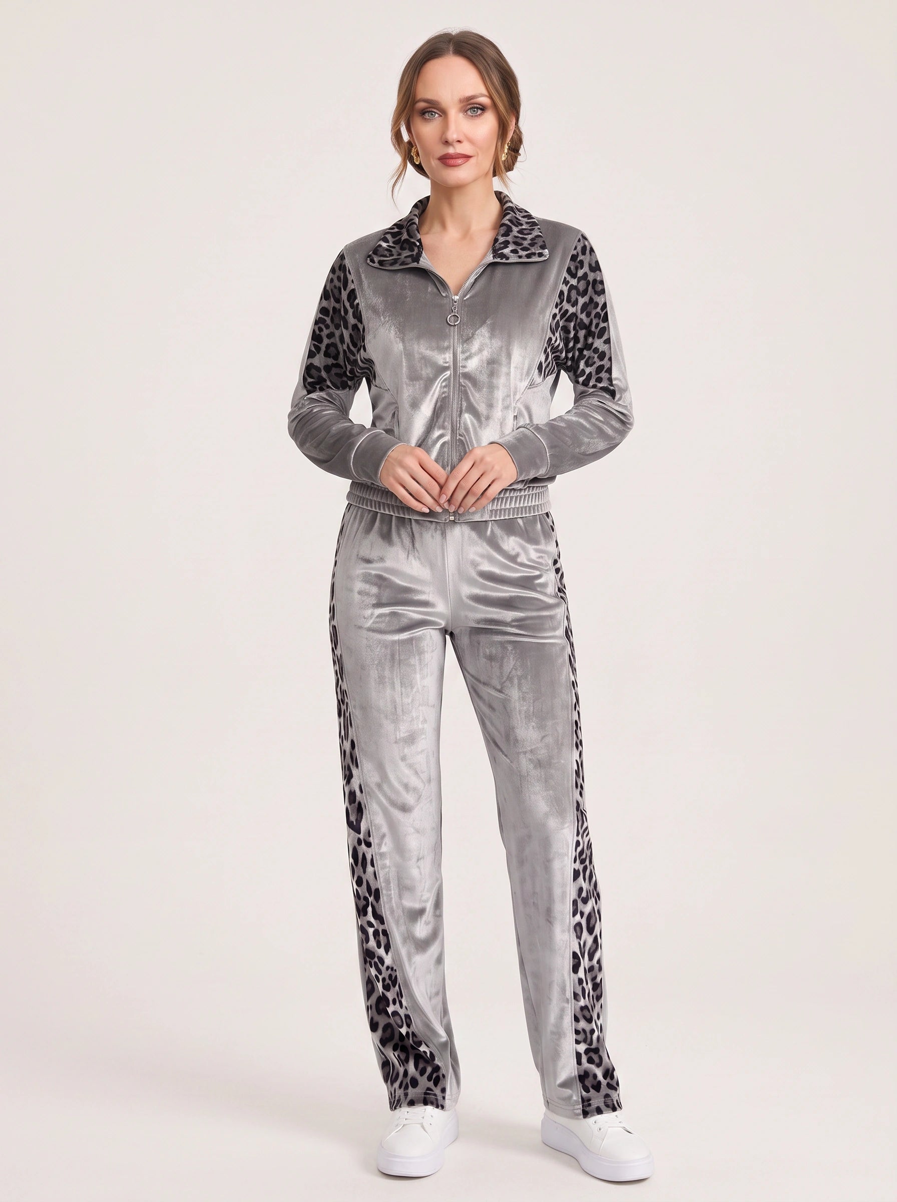 Velouche Velvet Leopard Tracksuit Set – Women Velvet Animal Print Loungewear Zip Jacket Pants Two Piece