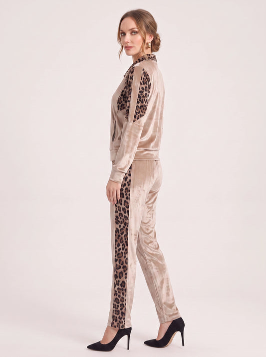 Velouche Velvet Leopard Tracksuit Set – Women Velvet Animal Print Loungewear Zip Jacket Pants Two Piece