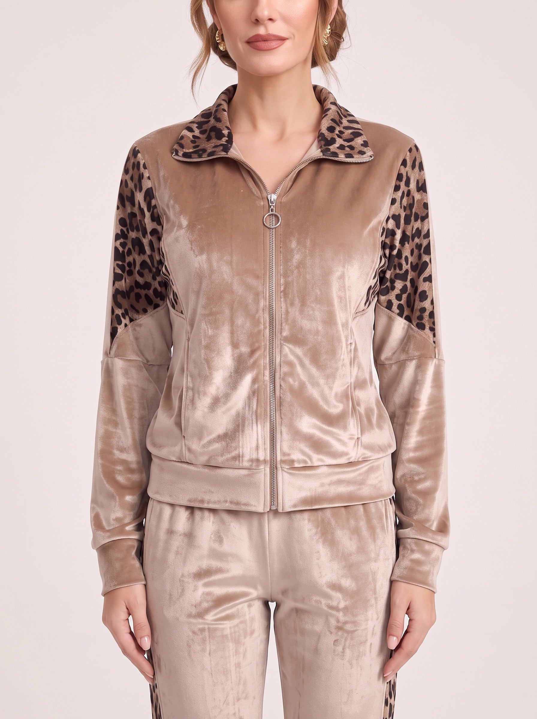 Velouche Velvet Leopard Tracksuit Set – Women Velvet Animal Print Loungewear Zip Jacket Pants Two Piece