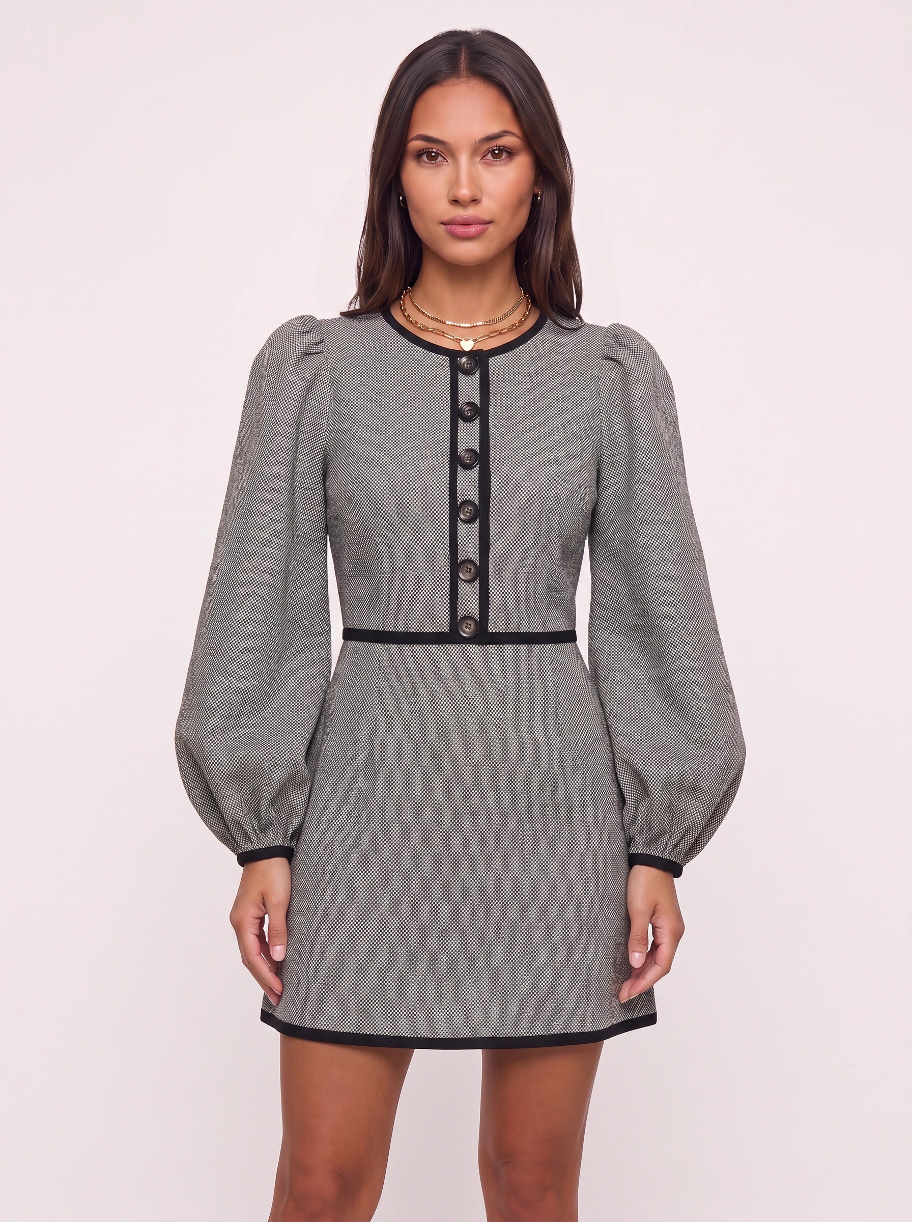Brescia Button-Front Balloon-Sleeve Mini Dress – Women Vintage Office Party Textured Grey Black Mini Dress