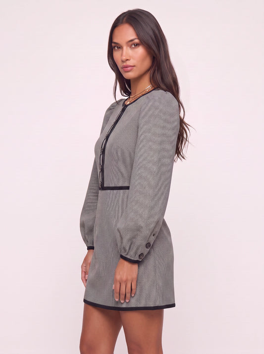 Brescia Button-Front Balloon-Sleeve Mini Dress – Women Vintage Office Party Textured Grey Black Mini Dress
