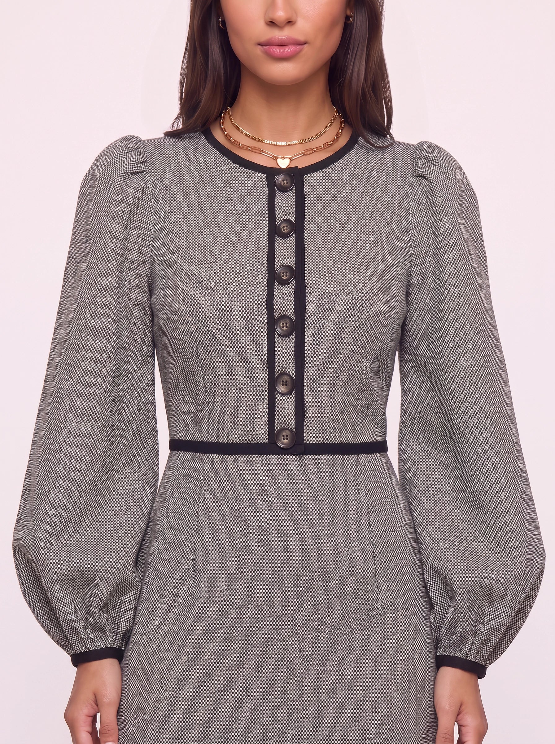 Brescia Button-Front Balloon-Sleeve Mini Dress – Women Vintage Office Party Textured Grey Black Mini Dress