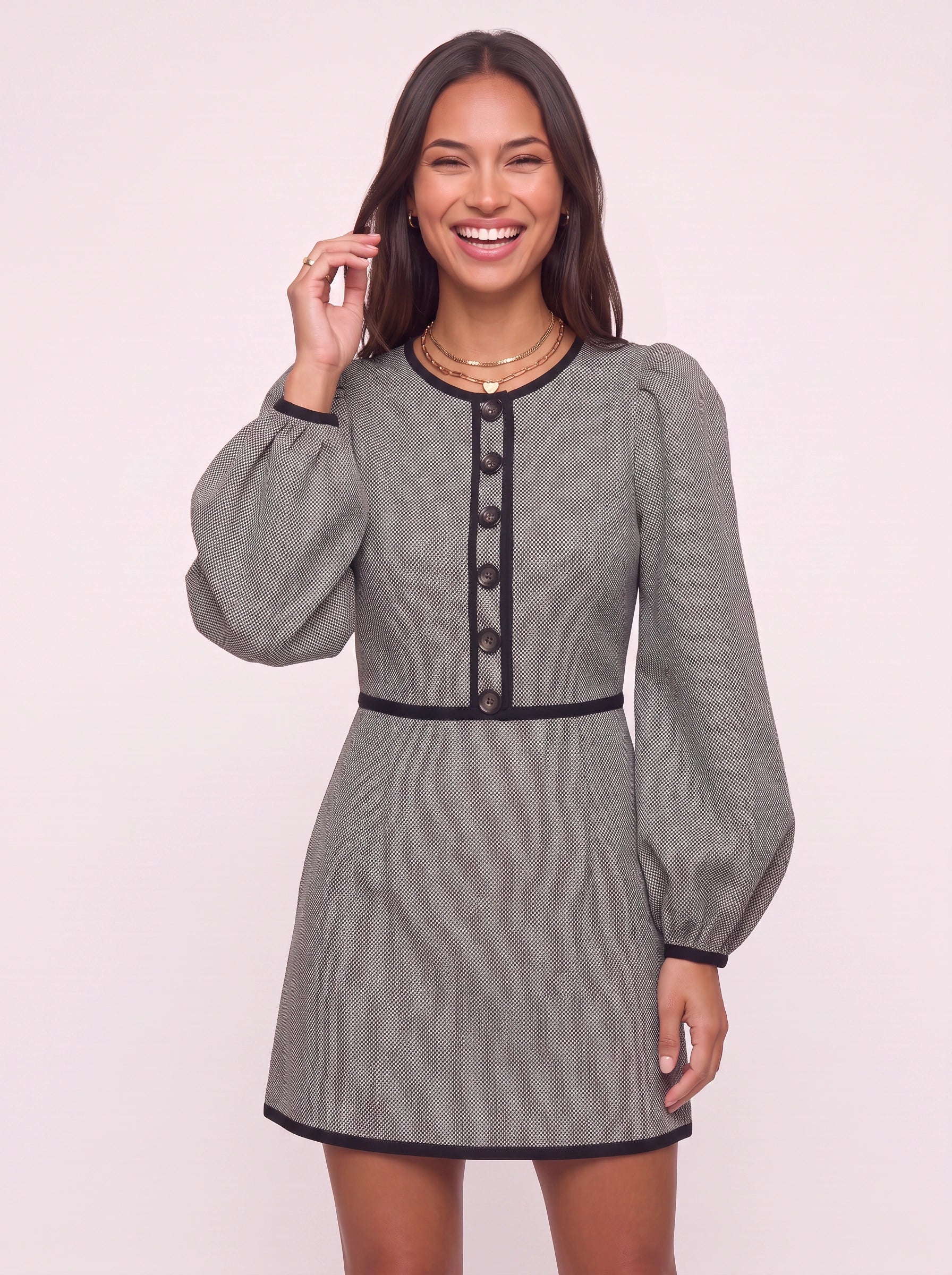 Brescia Button-Front Balloon-Sleeve Mini Dress – Women Vintage Office Party Textured Grey Black Mini Dress
