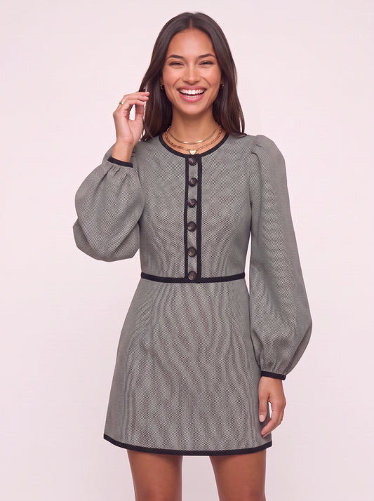 Brescia Button-Front Balloon-Sleeve Mini Dress – Women Vintage Office Party Textured Grey Black Mini Dress