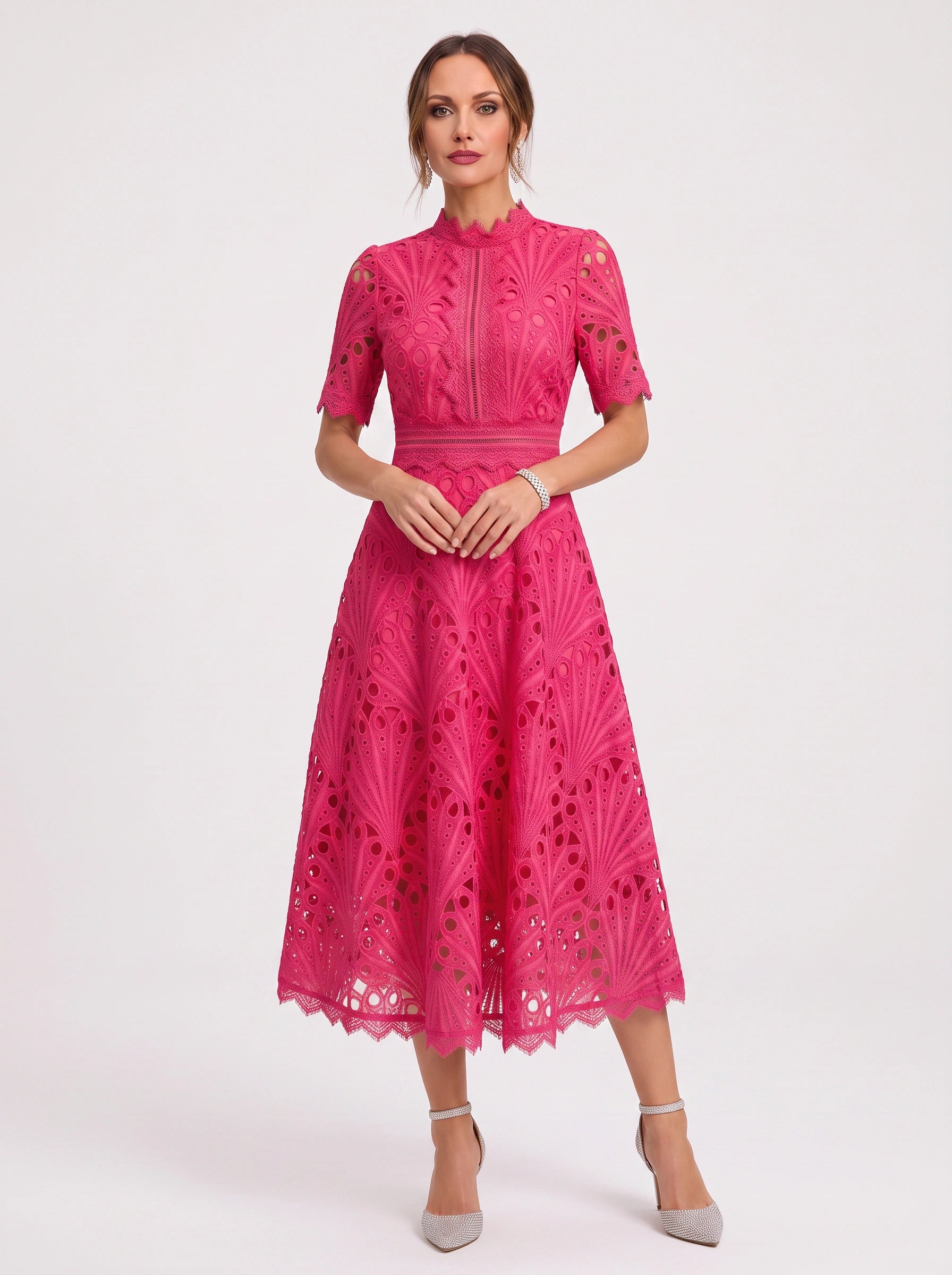 Charlisse High-Neck Lace Midi Dress – Formal Wedding Guest Women Elegant Semi Formal Midi Dress