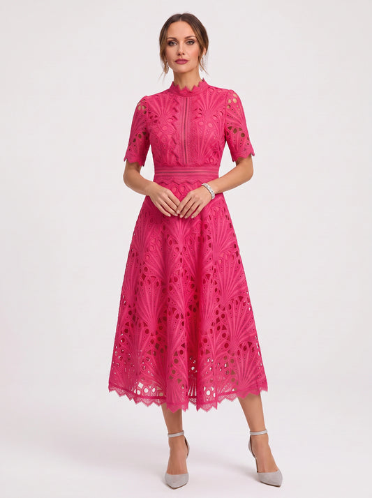 Charlisse High-Neck Lace Midi Dress – Formal Wedding Guest Women Elegant Semi Formal Midi Dress