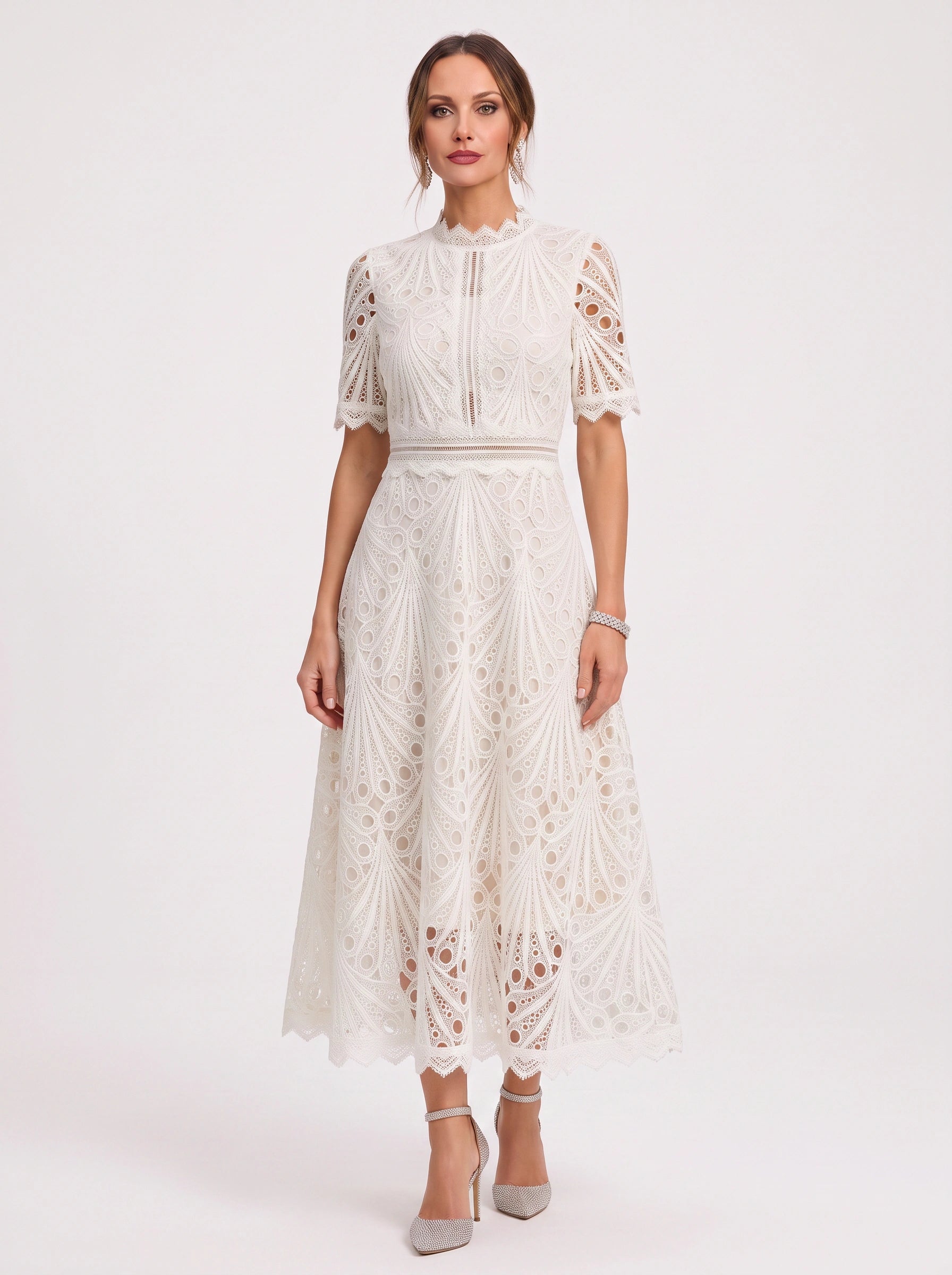 Charlisse High-Neck Lace Midi Dress – Formal Wedding Guest Women Elegant Semi Formal Midi Dress