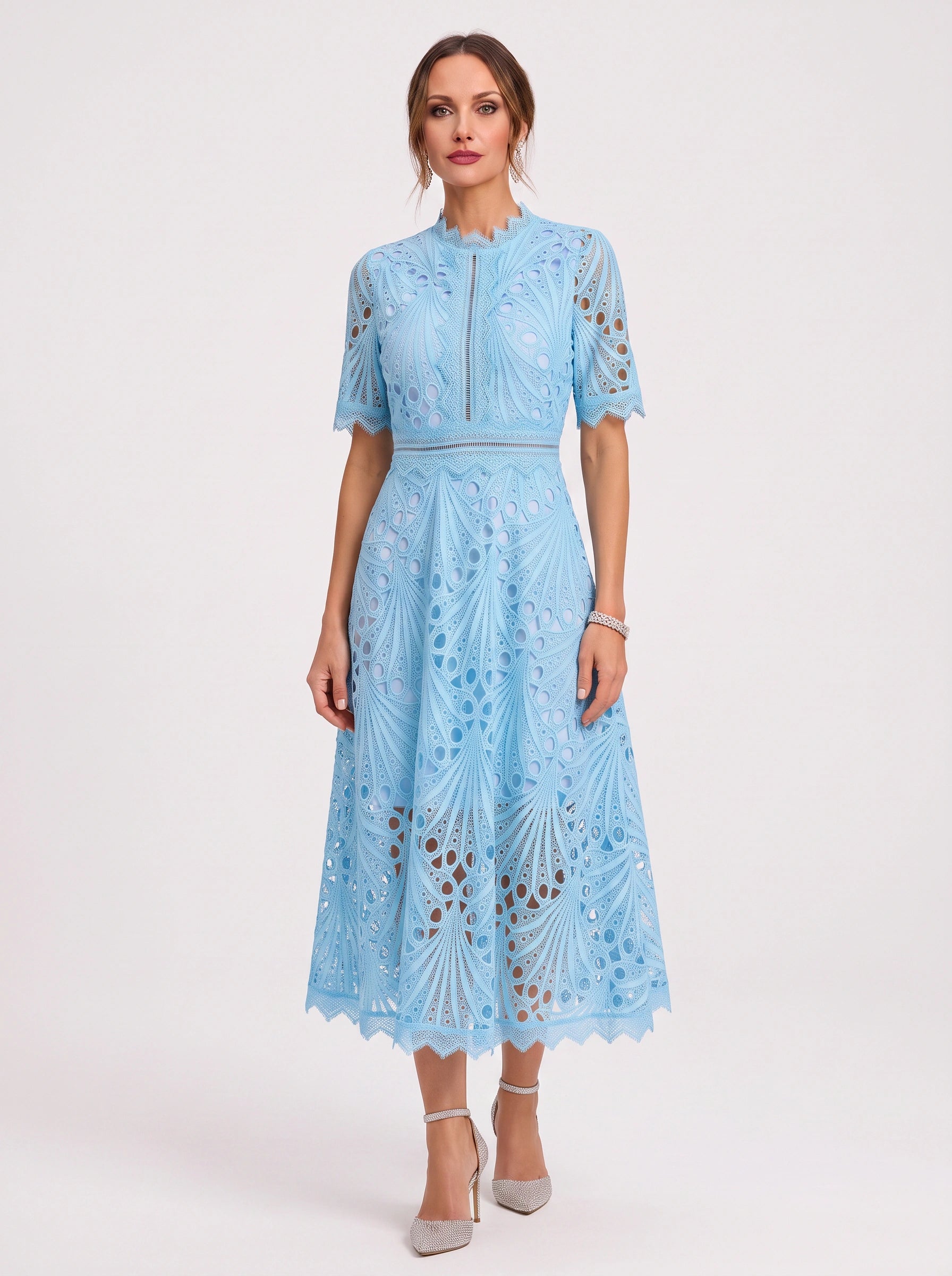 Charlisse High-Neck Lace Midi Dress – Formal Wedding Guest Women Elegant Semi Formal Midi Dress