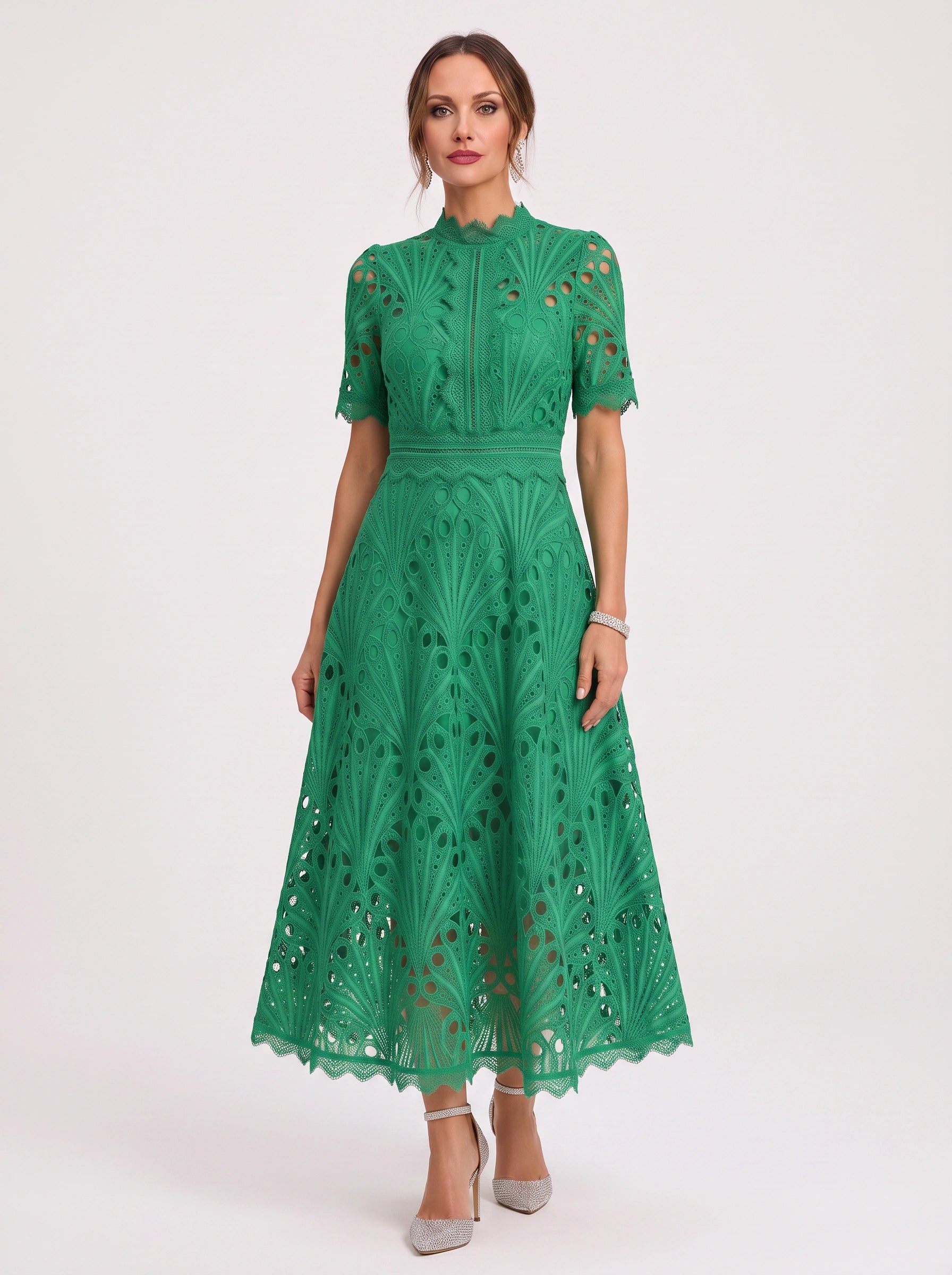 Charlisse High-Neck Lace Midi Dress – Formal Wedding Guest Women Elegant Semi Formal Midi Dress