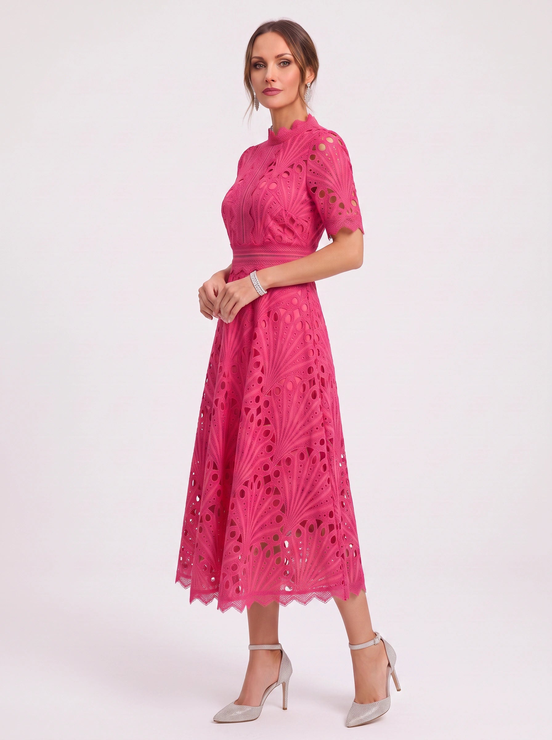Charlisse High-Neck Lace Midi Dress – Formal Wedding Guest Women Elegant Semi Formal Midi Dress