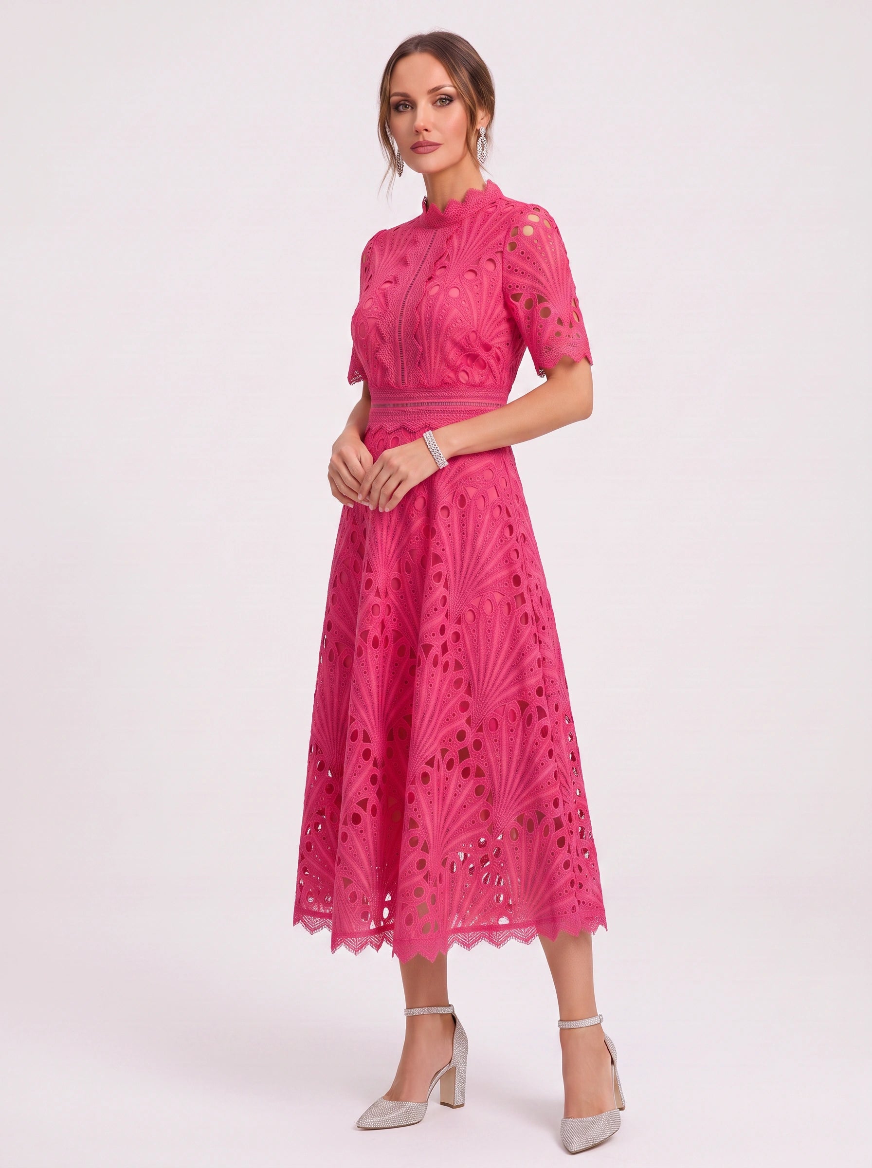 Charlisse High-Neck Lace Midi Dress – Formal Wedding Guest Women Elegant Semi Formal Midi Dress