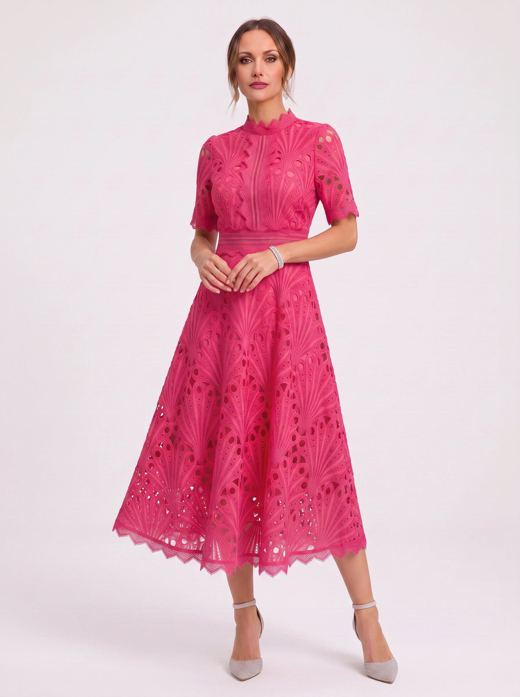 Charlisse High-Neck Lace Midi Dress – Formal Wedding Guest Women Elegant Semi Formal Midi Dress