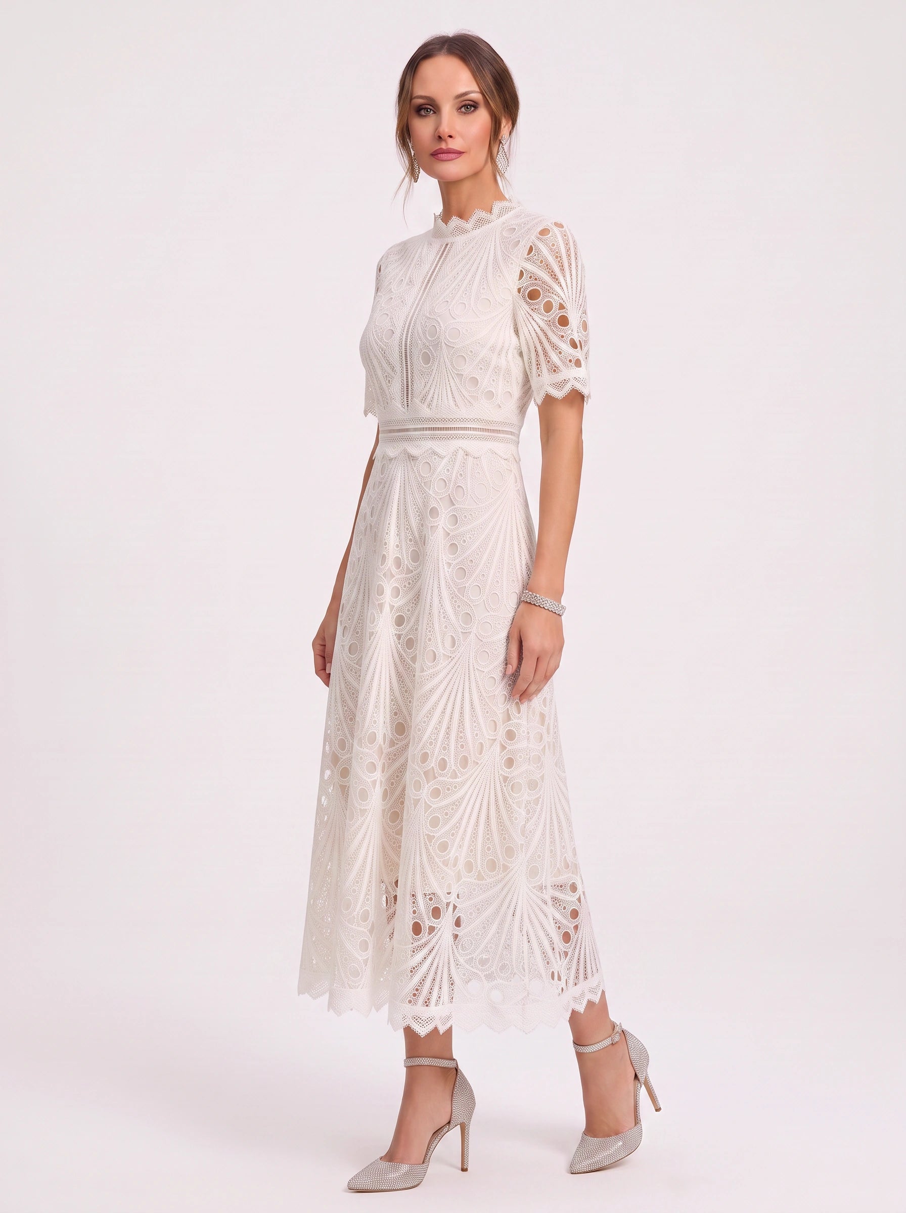 Charlisse High-Neck Lace Midi Dress – Formal Wedding Guest Women Elegant Semi Formal Midi Dress