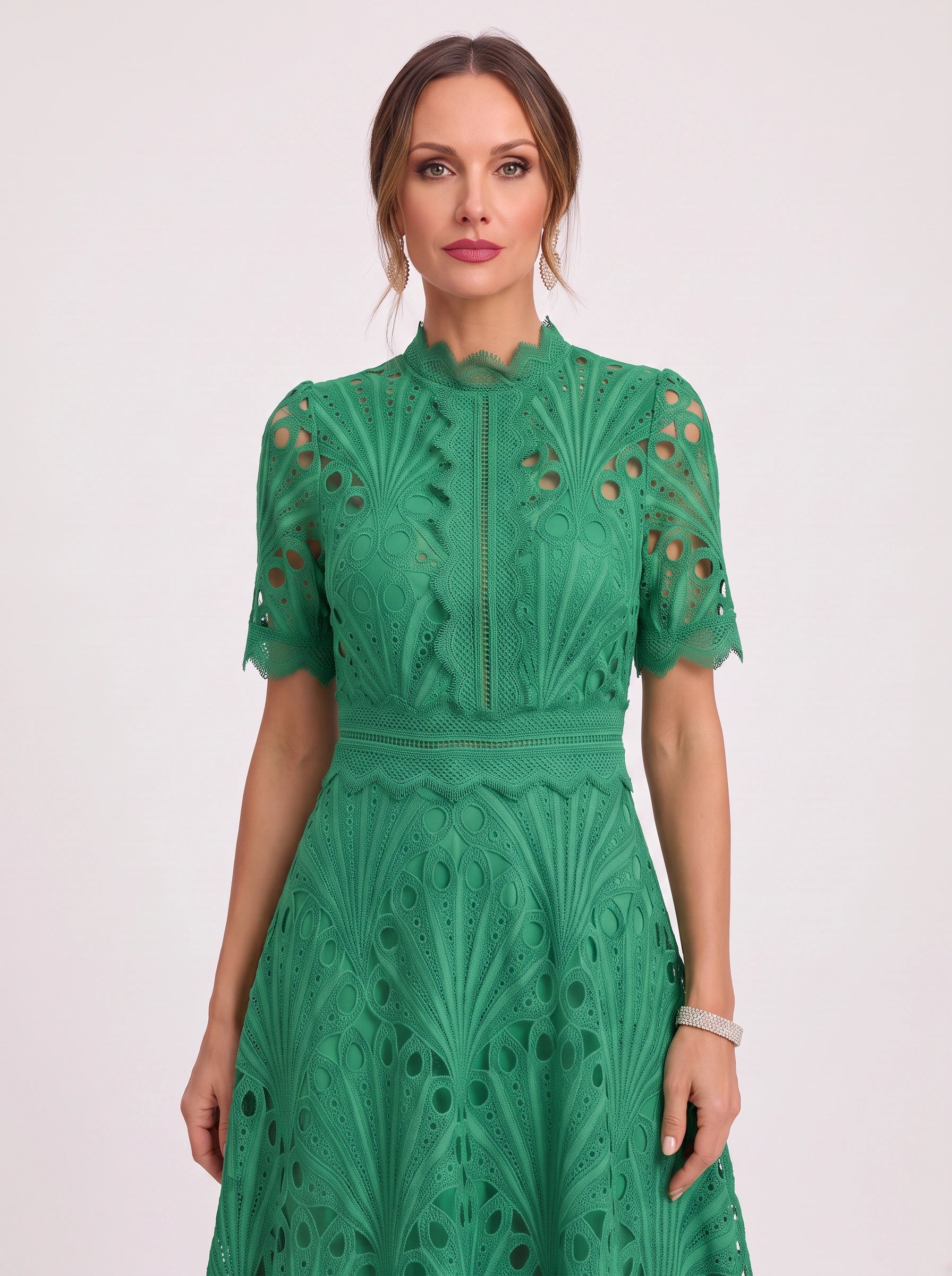 Charlisse High-Neck Lace Midi Dress – Formal Wedding Guest Women Elegant Semi Formal Midi Dress