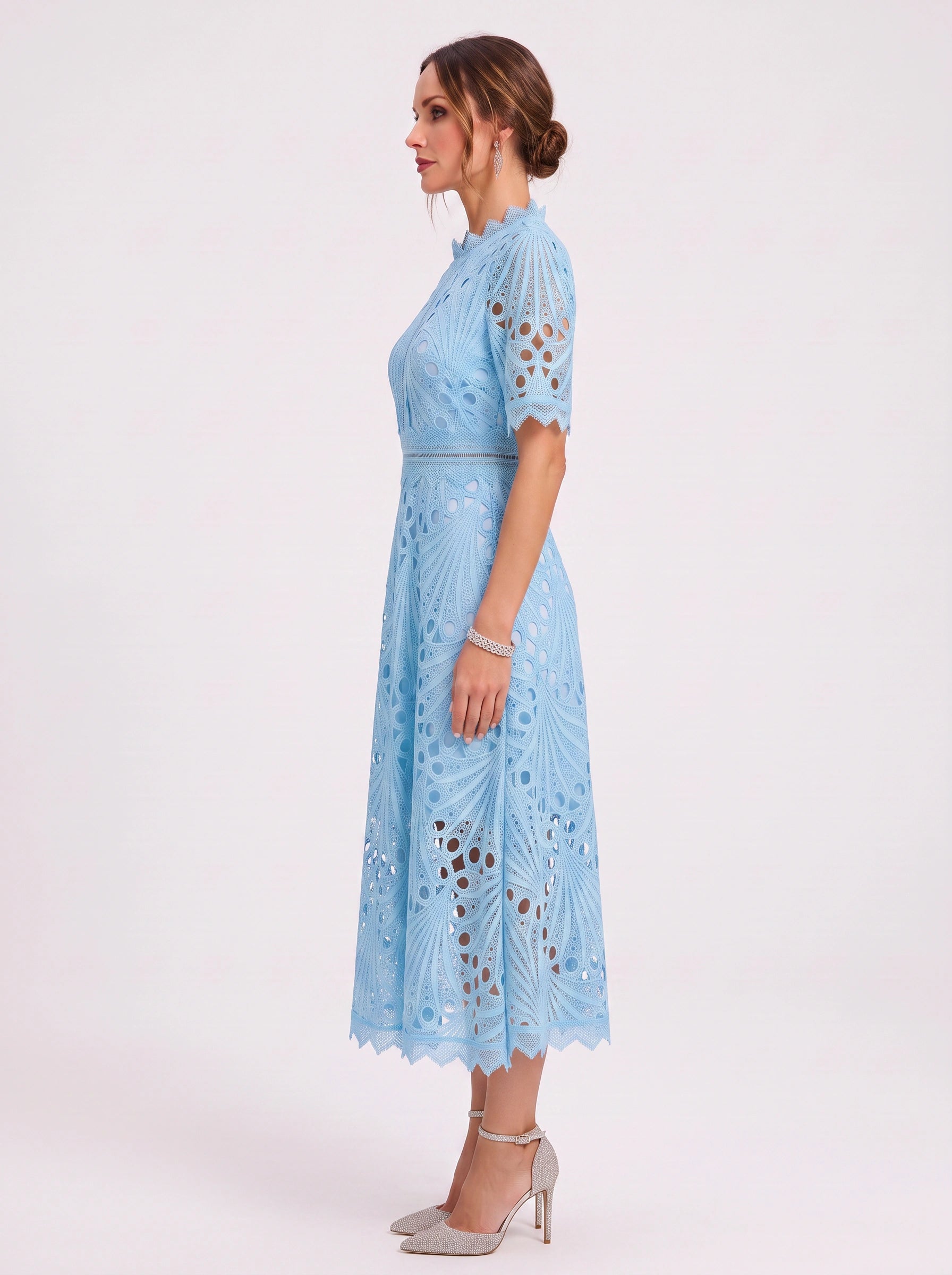 Charlisse High-Neck Lace Midi Dress – Formal Wedding Guest Women Elegant Semi Formal Midi Dress