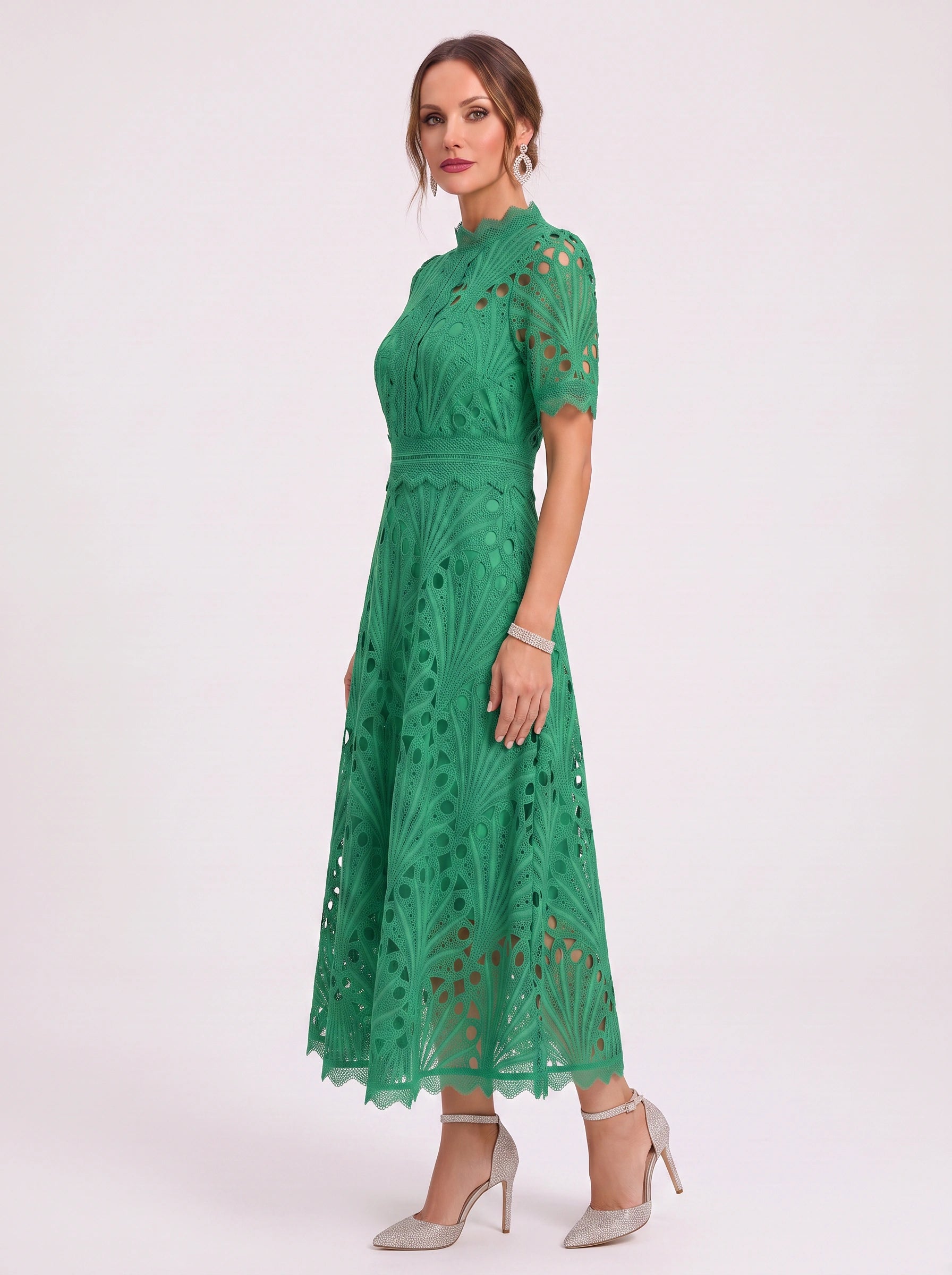 Charlisse High-Neck Lace Midi Dress – Formal Wedding Guest Women Elegant Semi Formal Midi Dress
