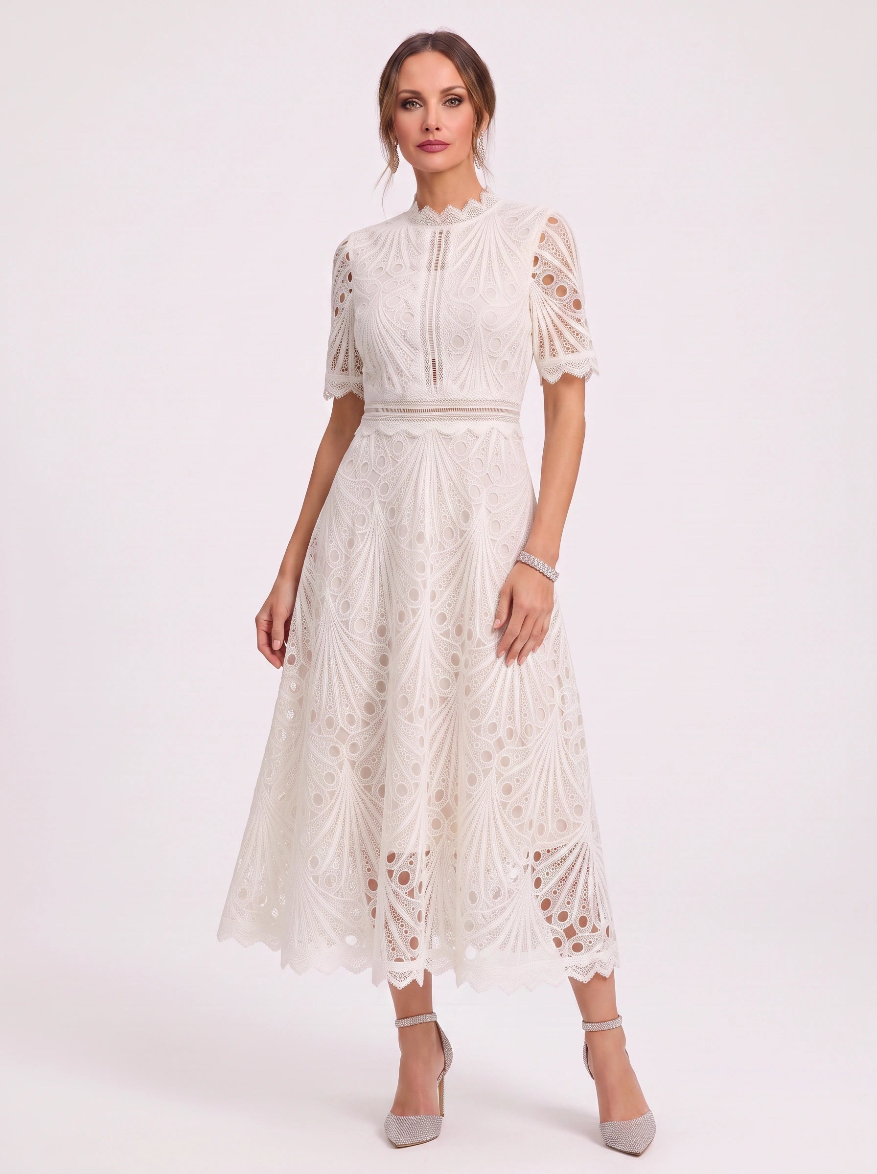 Charlisse High-Neck Lace Midi Dress – Formal Wedding Guest Women Elegant Semi Formal Midi Dress