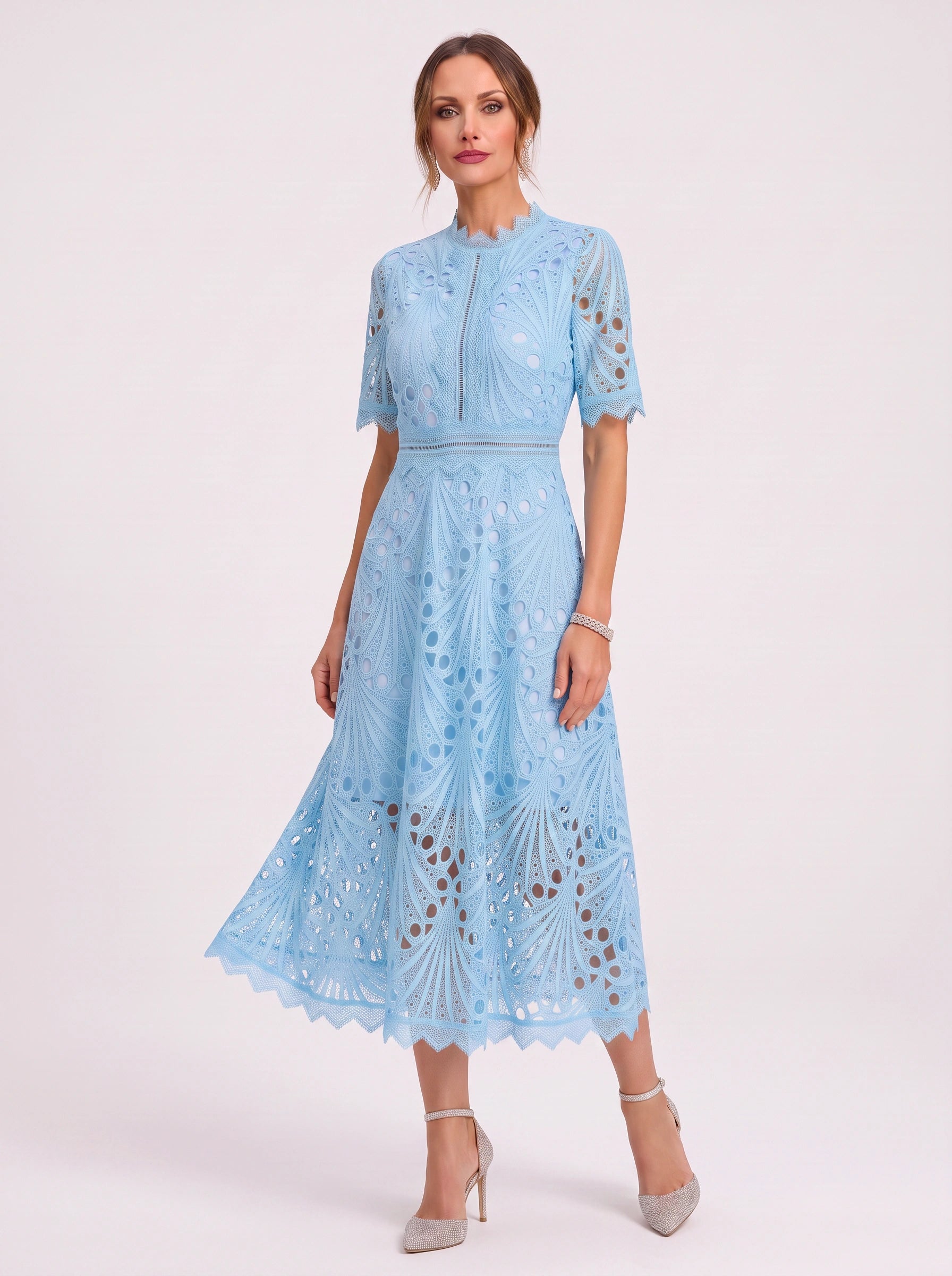 Charlisse High-Neck Lace Midi Dress – Formal Wedding Guest Women Elegant Semi Formal Midi Dress