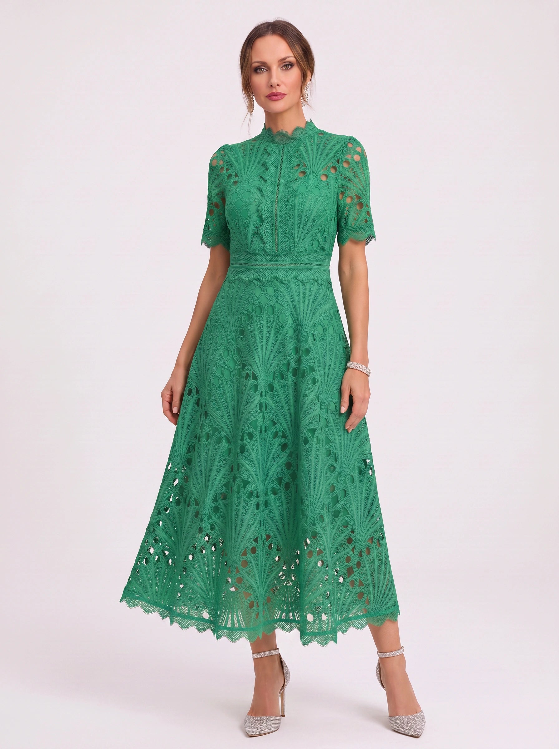 Charlisse High-Neck Lace Midi Dress – Formal Wedding Guest Women Elegant Semi Formal Midi Dress