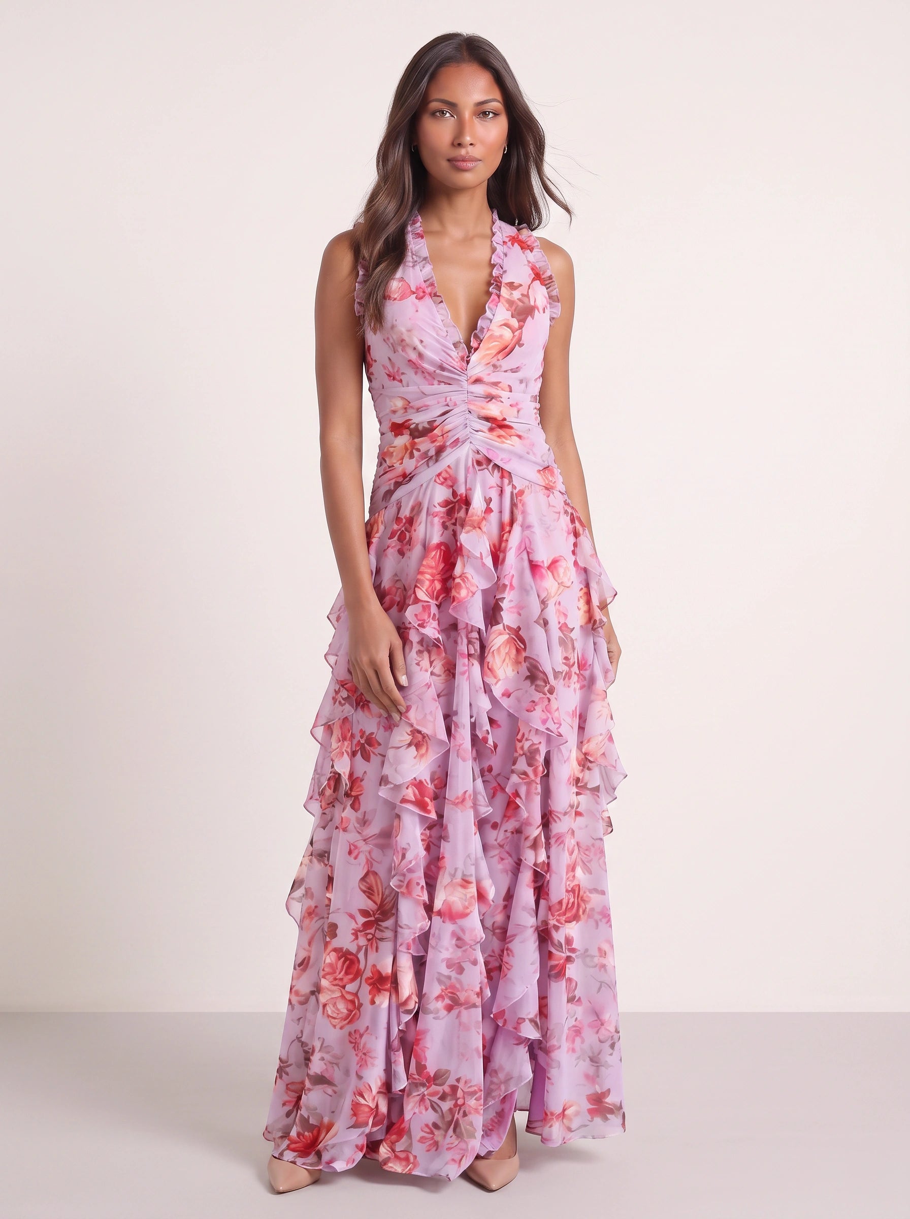 Fiorento Halter Ruched Tiered Maxi Dress – Floral Women Summer Wedding Guest Formal Evening Party Maxi Dress