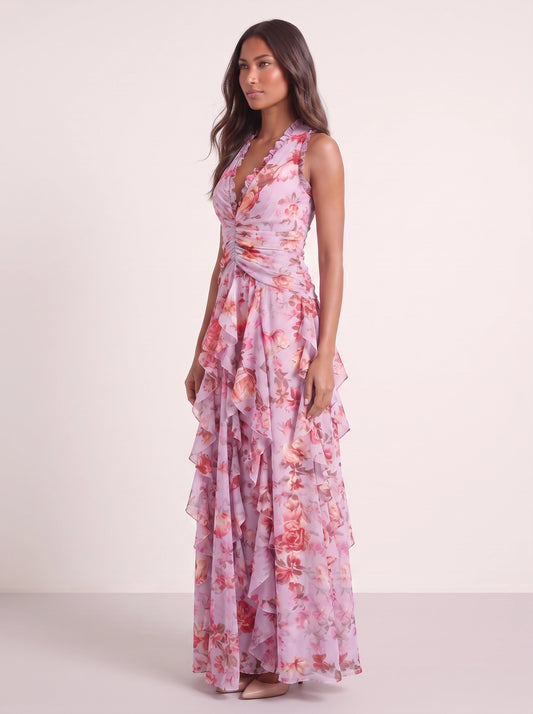 Fiorento Halter Ruched Tiered Maxi Dress – Floral Women Summer Wedding Guest Formal Evening Party Maxi Dress