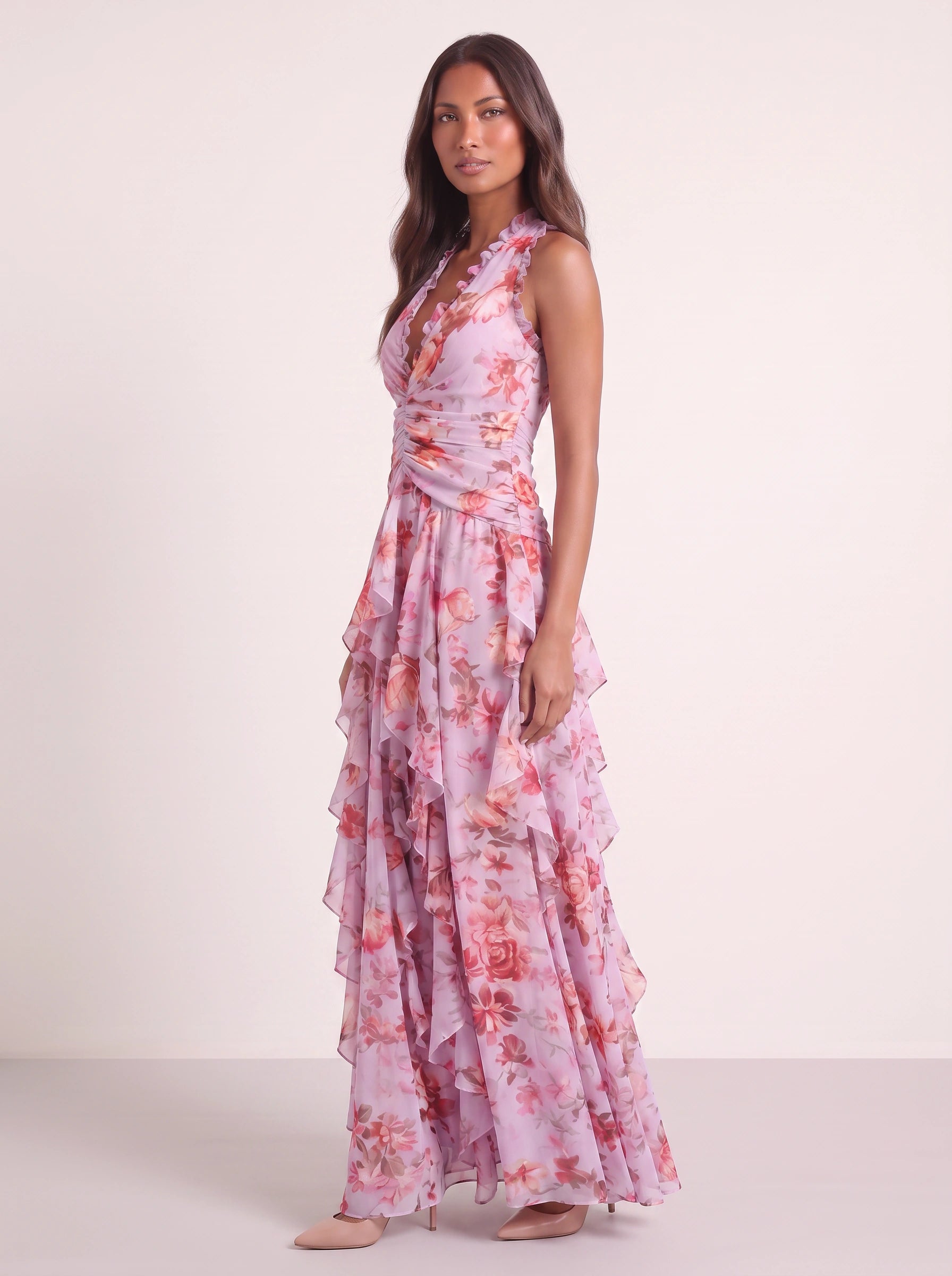 Fiorento Halter Ruched Tiered Maxi Dress – Floral Women Summer Wedding Guest Formal Evening Party Maxi Dress